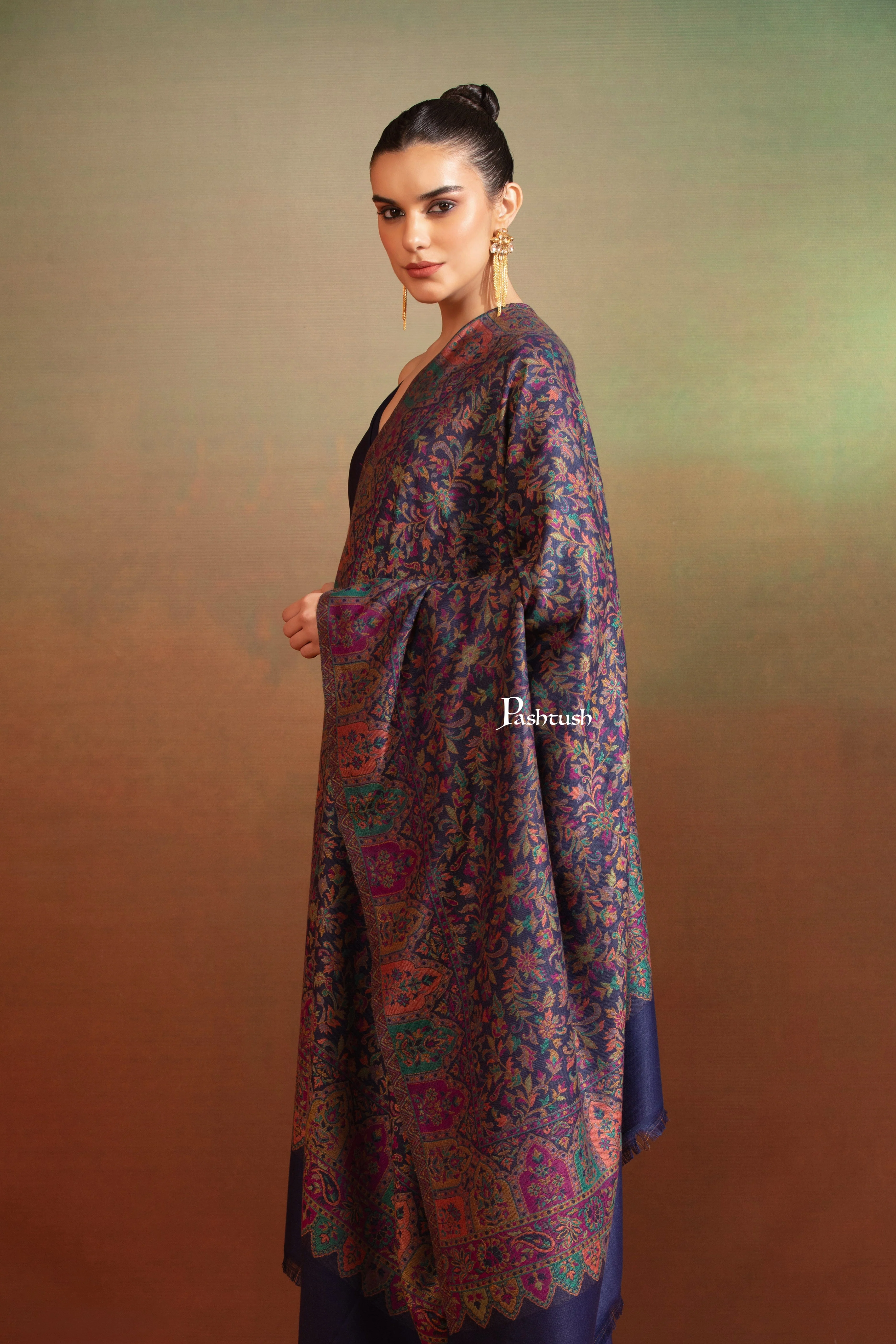 Pashtush Womens Faux Pashmina Shawl, Ethnic Jamawar Design, Blue - Image 4
