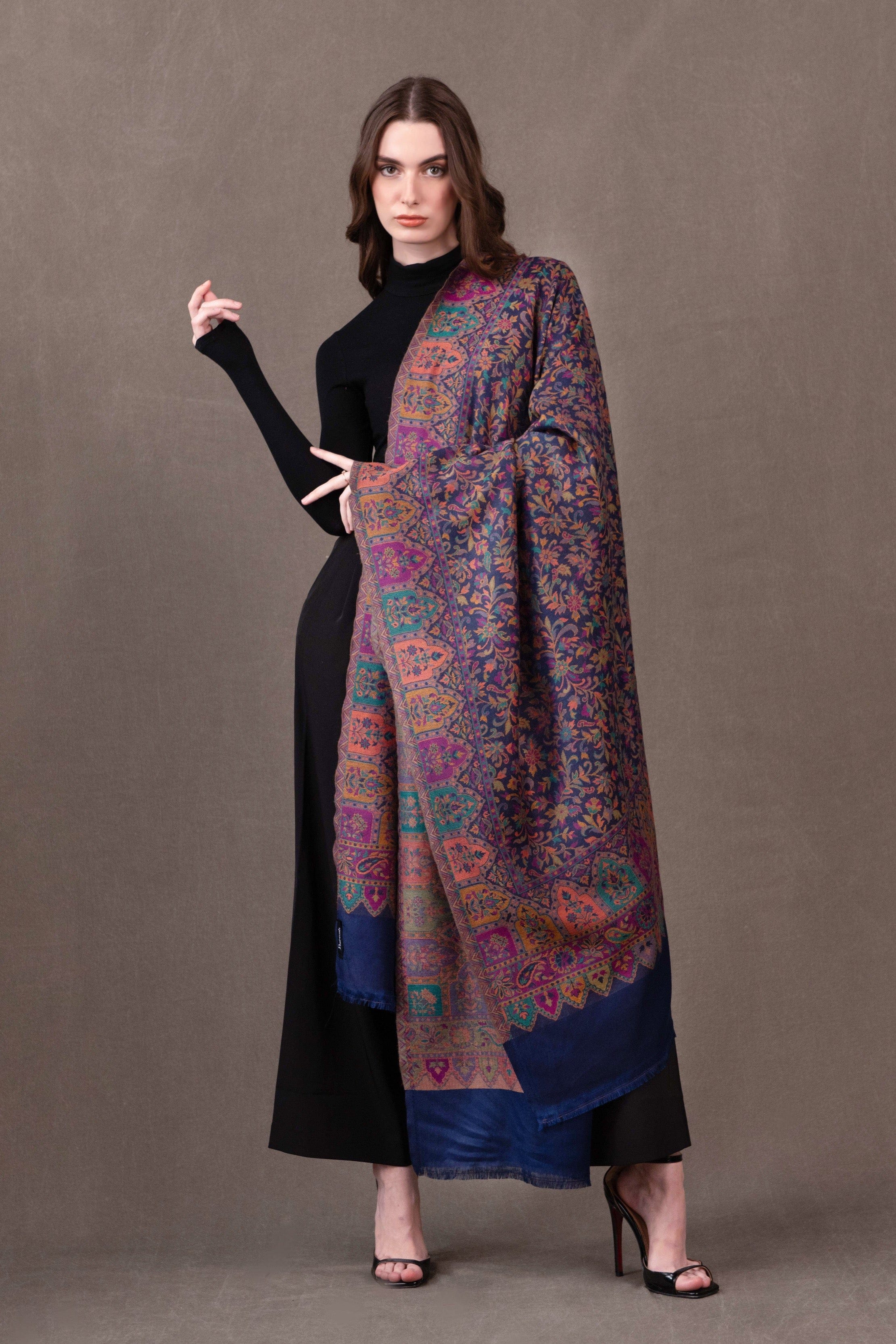 Pashtush Womens Faux Pashmina Shawl, Ethnic Jamawar Design, Blue