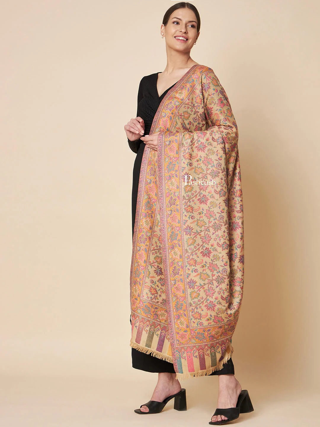 Pashtush Womens Faux Pashmina Shawl, Ethnic Pastel Hues Design, Beige - Image 3