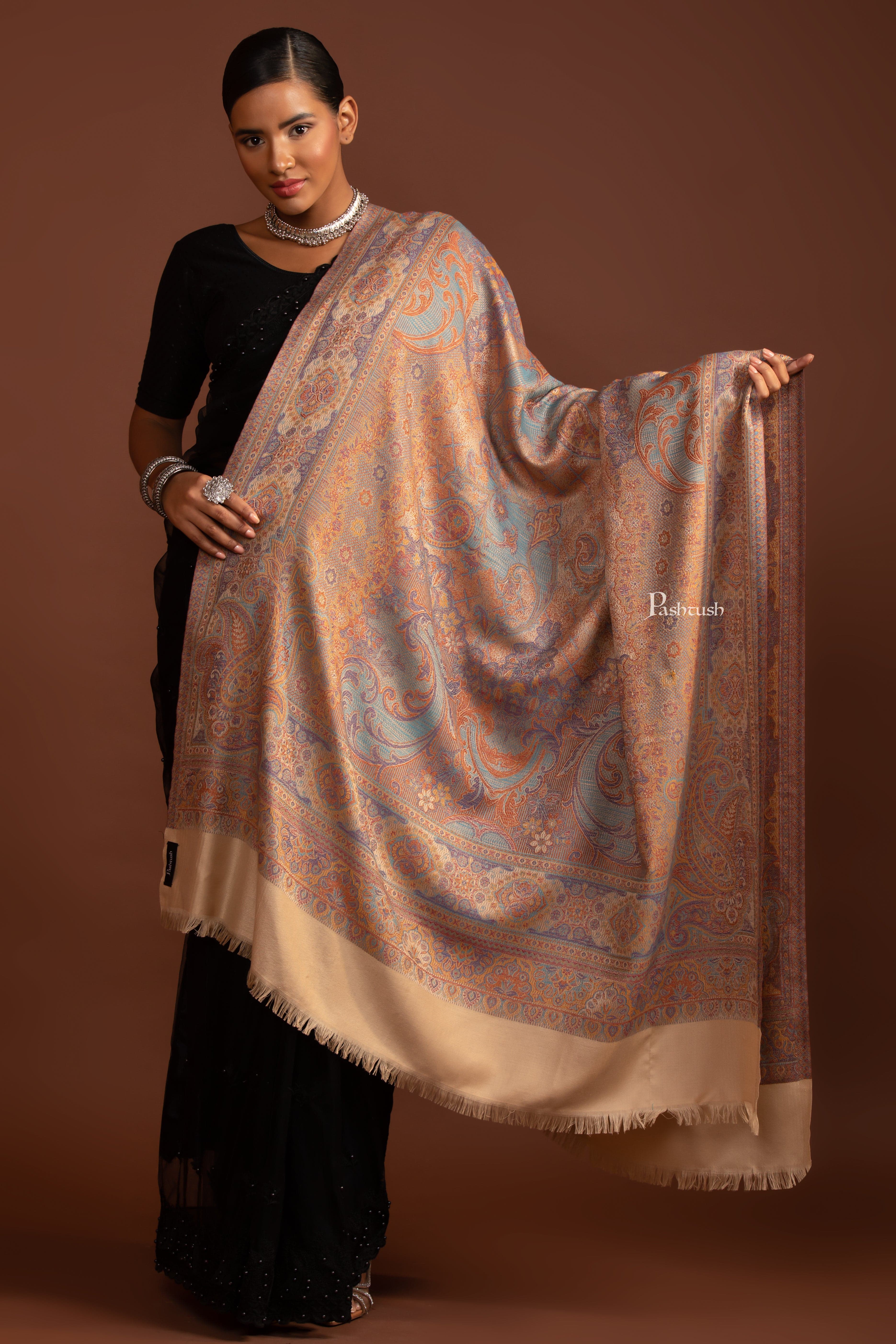 Pashtush Womens Faux Pashmina Shawl, Ethnic Weave, Beige - Image 2