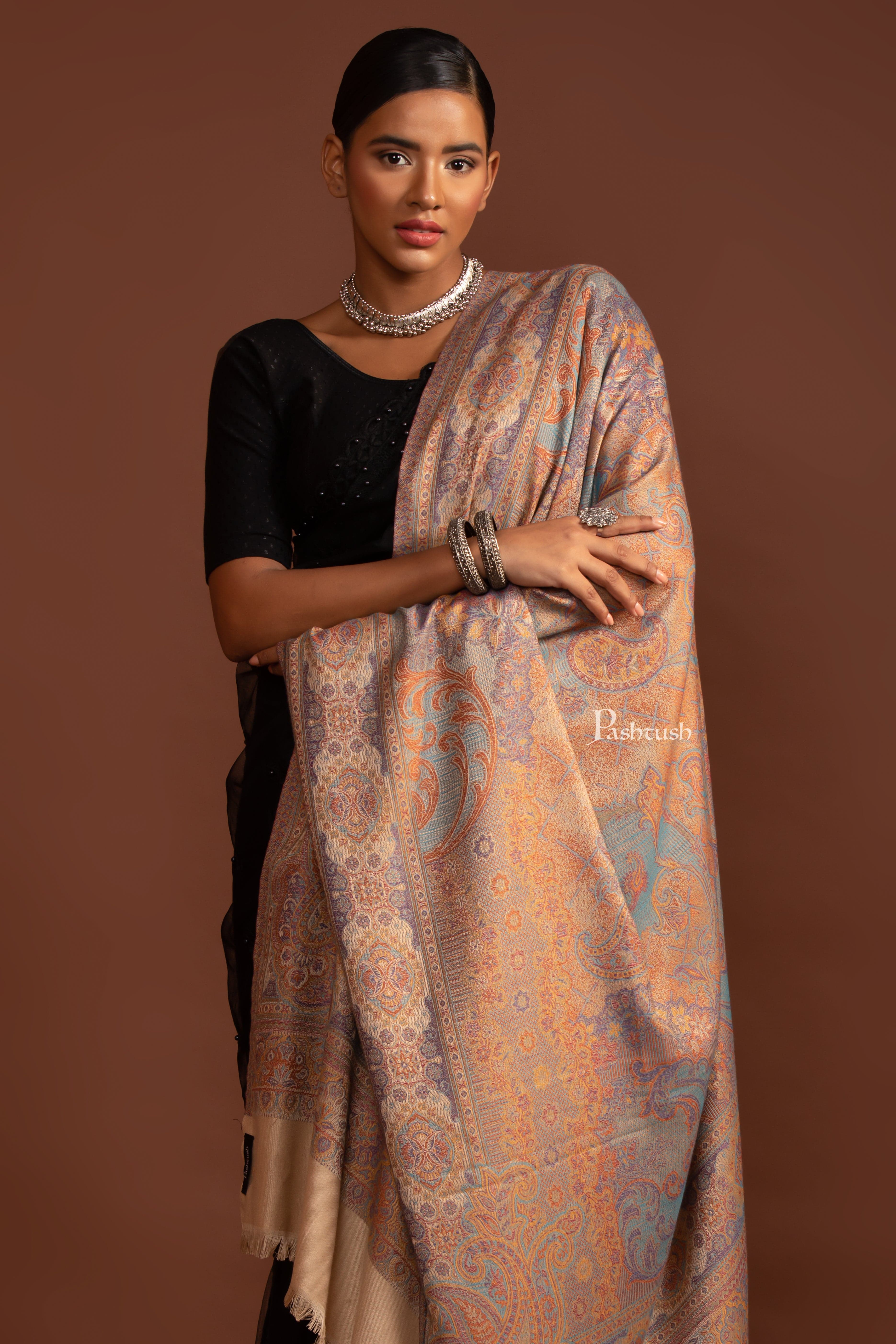 Pashtush Womens Faux Pashmina Shawl, Ethnic Weave, Beige - Image 3