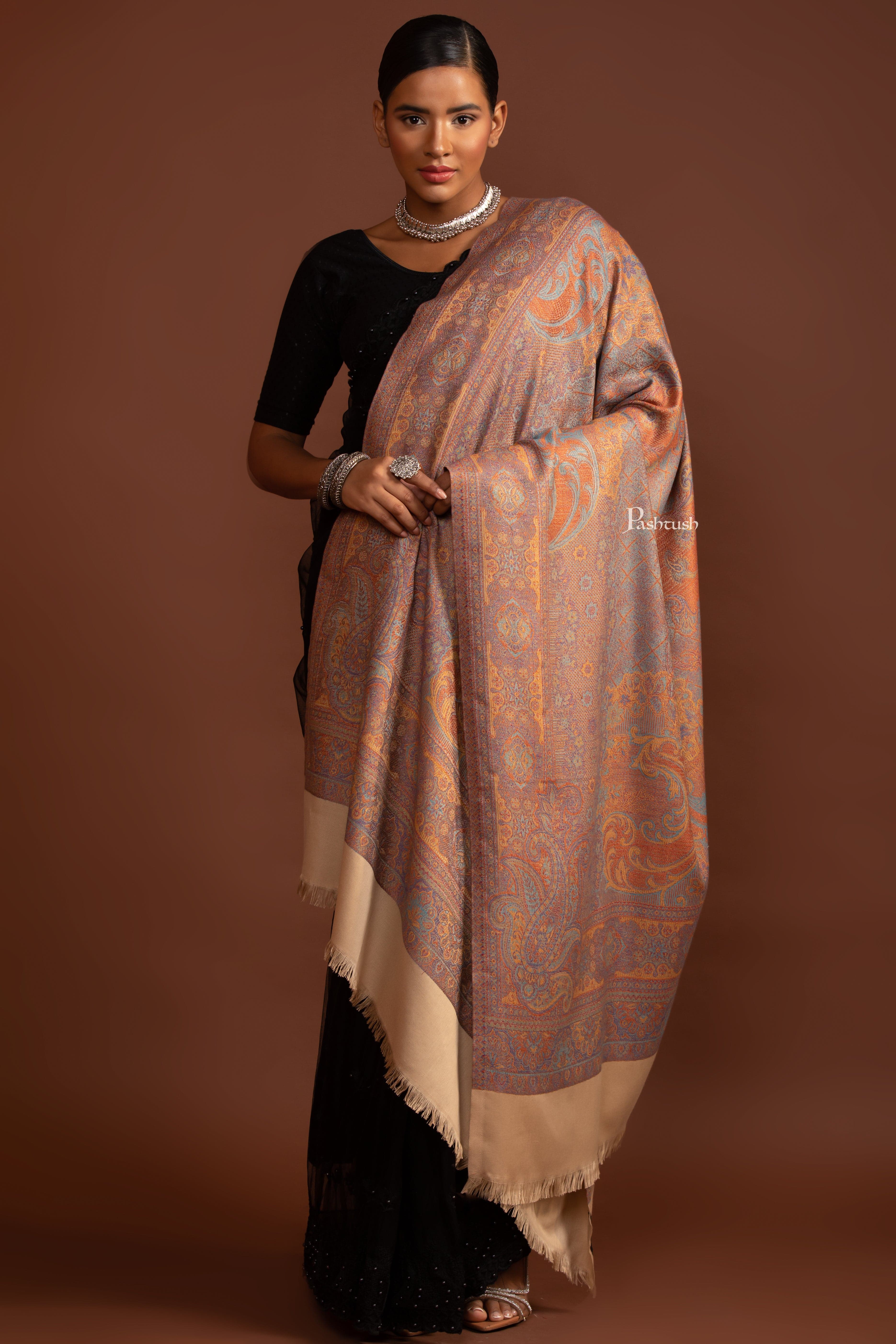 Pashtush Womens Faux Pashmina Shawl, Ethnic Weave, Beige - Image 4