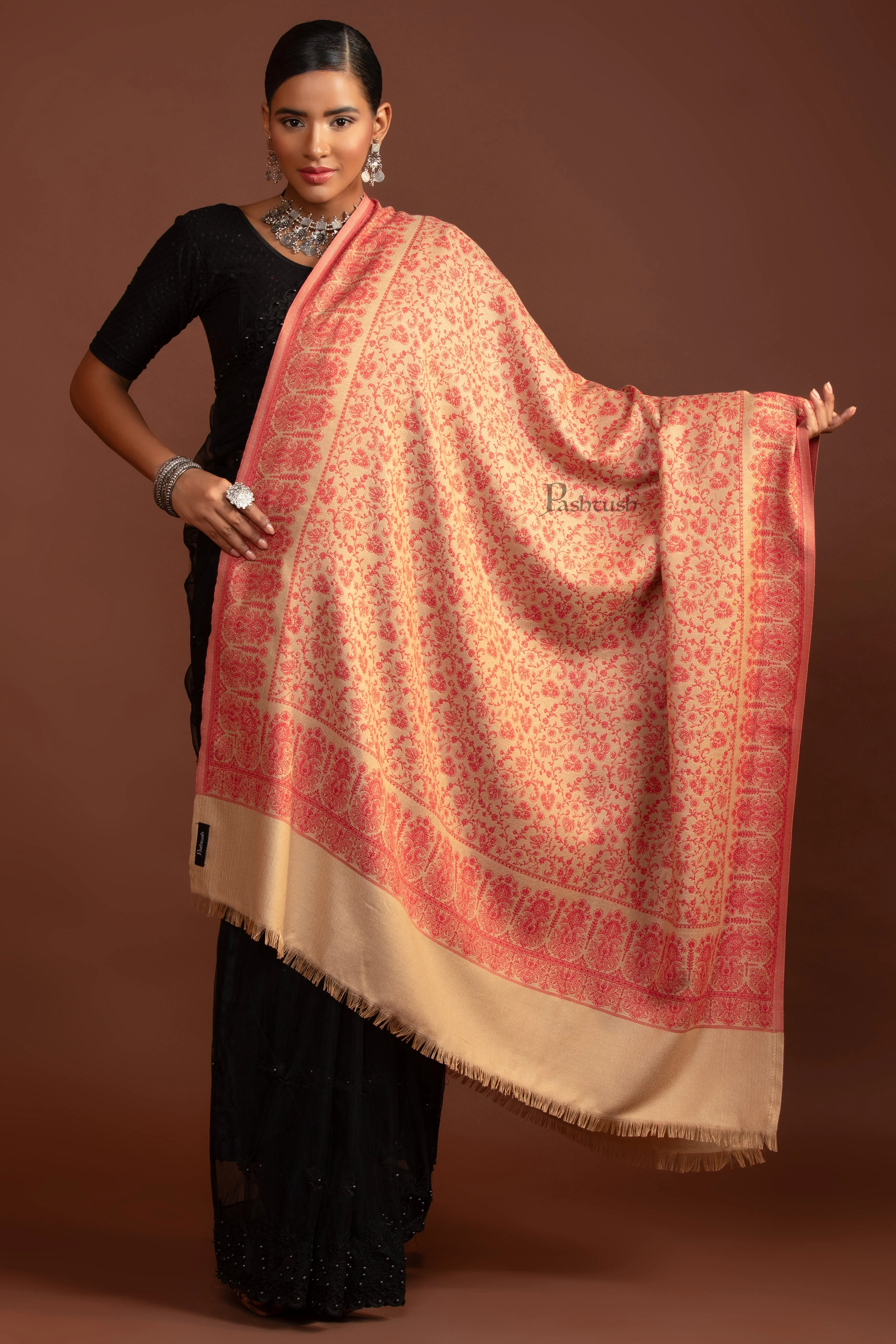 Pashtush Womens Faux Pashmina Shawl, Ethnic Weave Design, Beige And Red - Image 2