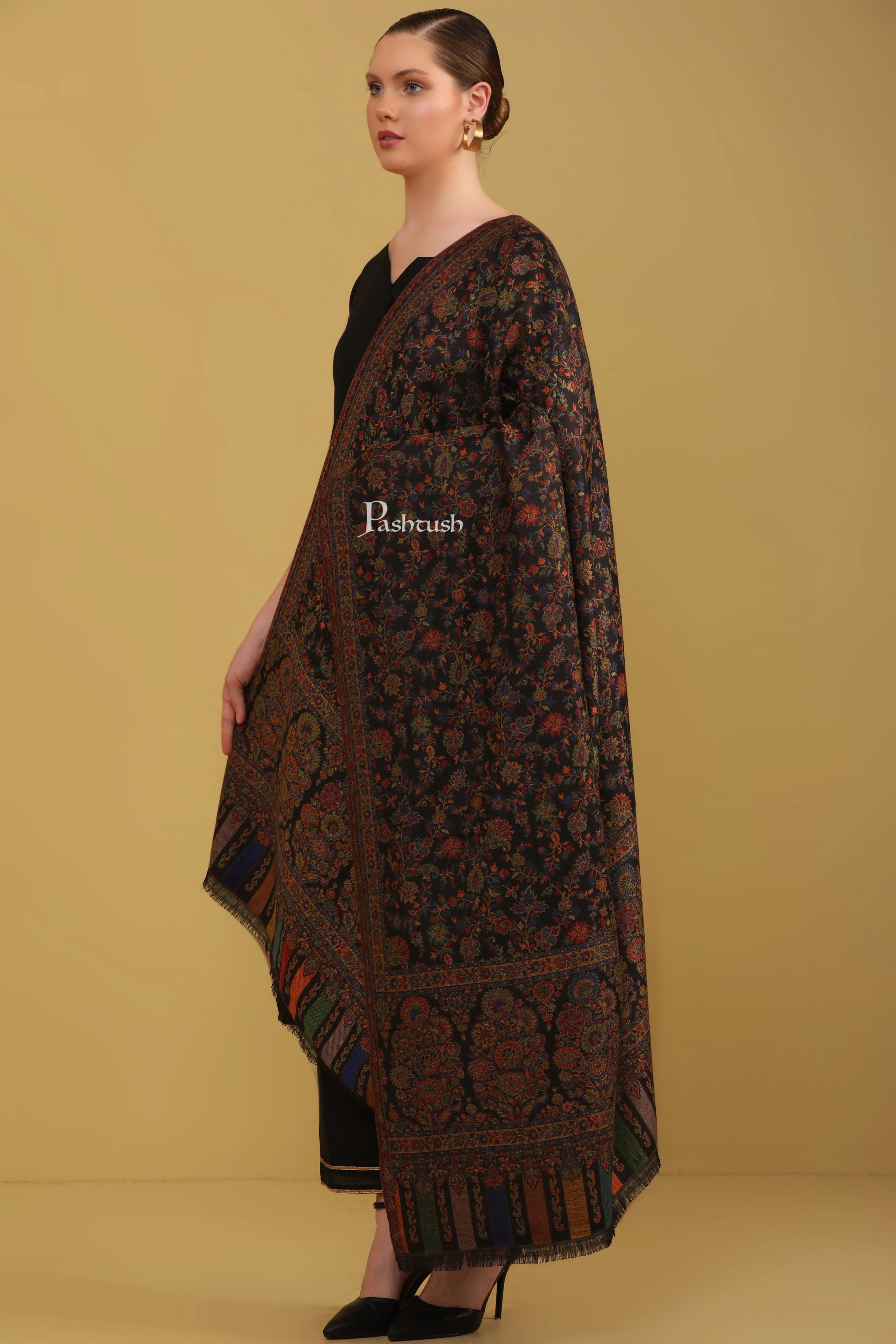 Pashtush Womens Faux Pashmina Shawl, Ethnic  Weave Design, Black - Image 3