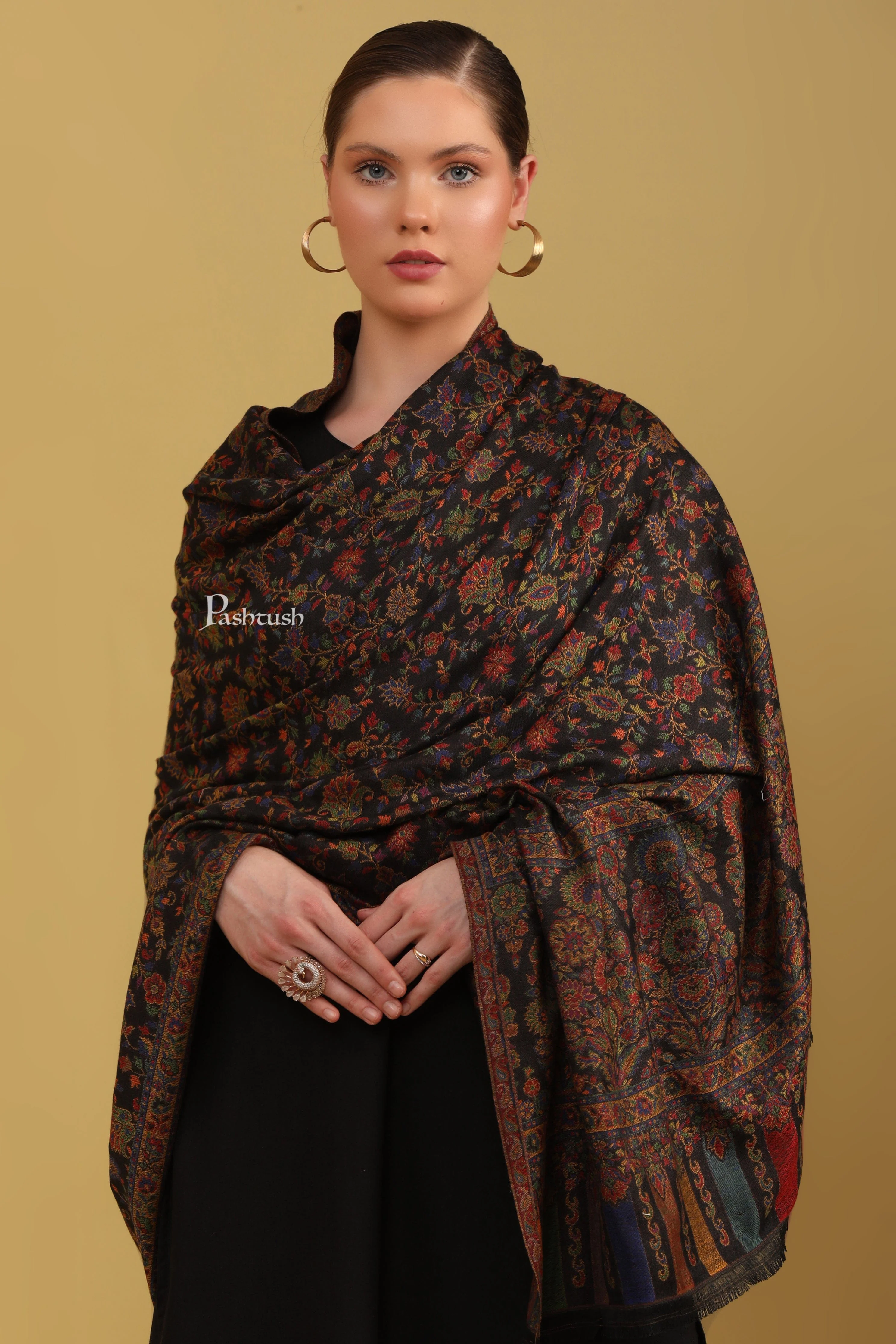 Pashtush Womens Faux Pashmina Shawl, Ethnic  Weave Design, Black - Image 4