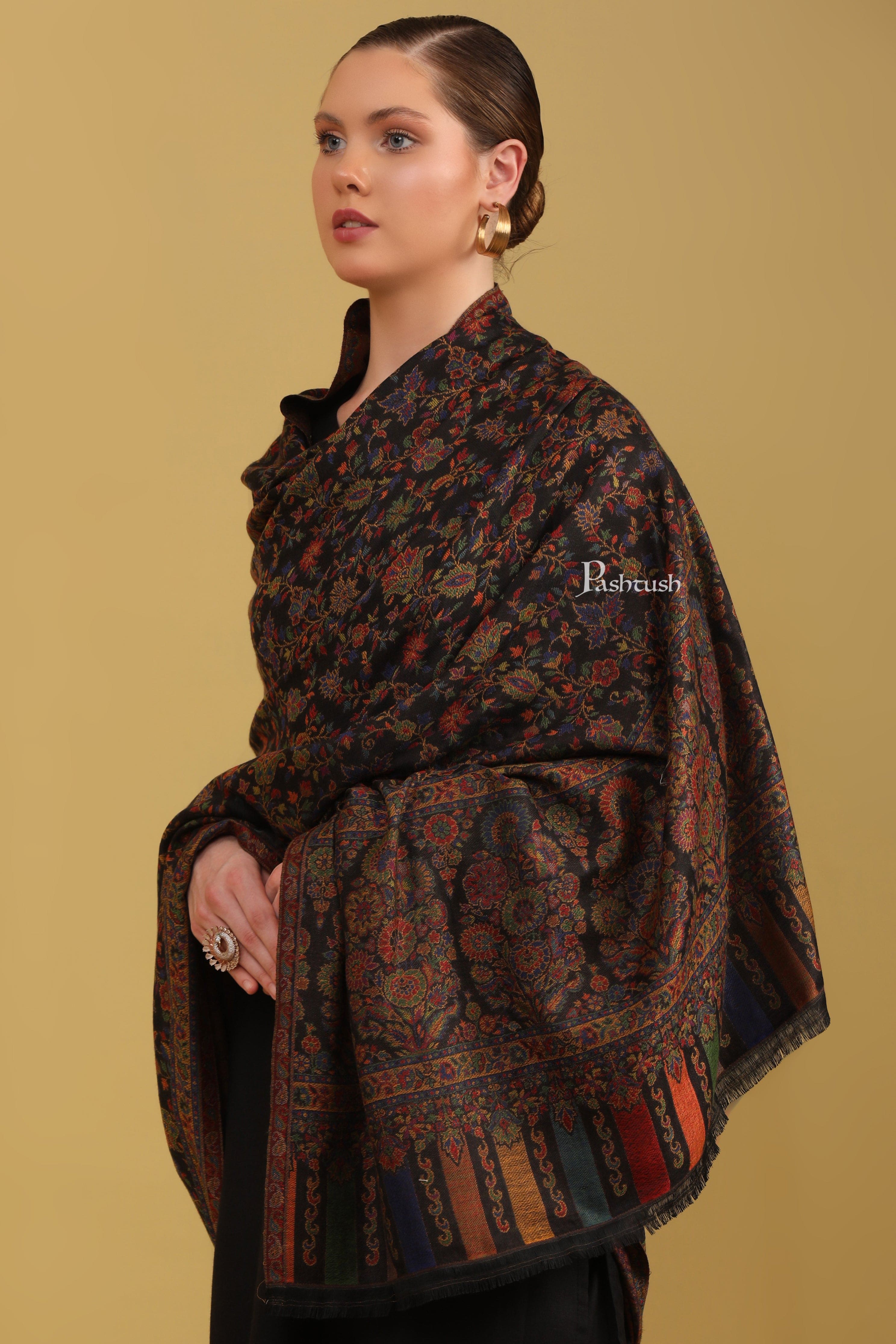 Pashtush Womens Faux Pashmina Shawl, Ethnic  Weave Design, Black - Image 5