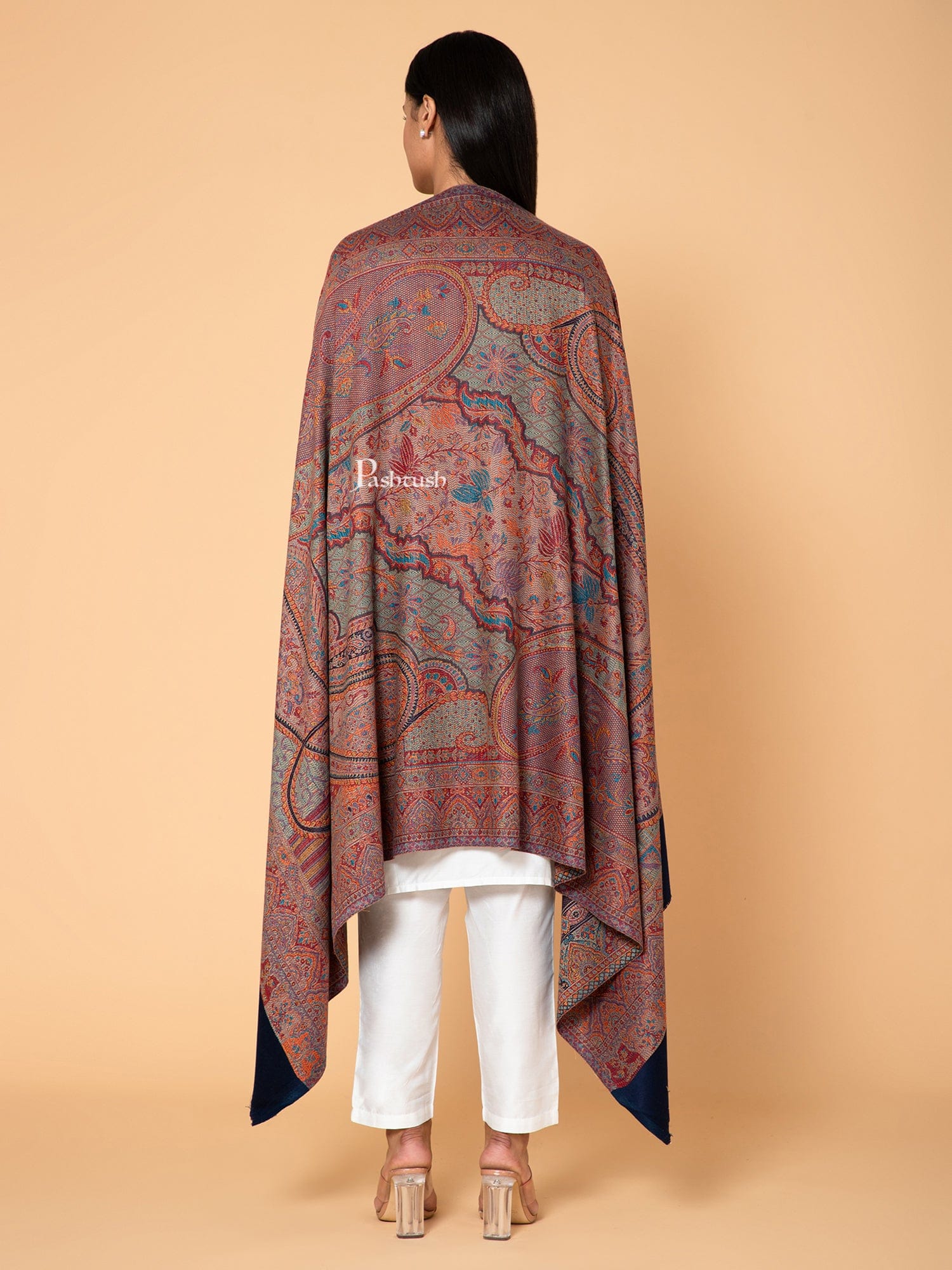 Pashtush Womens Faux Pashmina Shawl, Ethnic Weave Design, Blue - Image 2