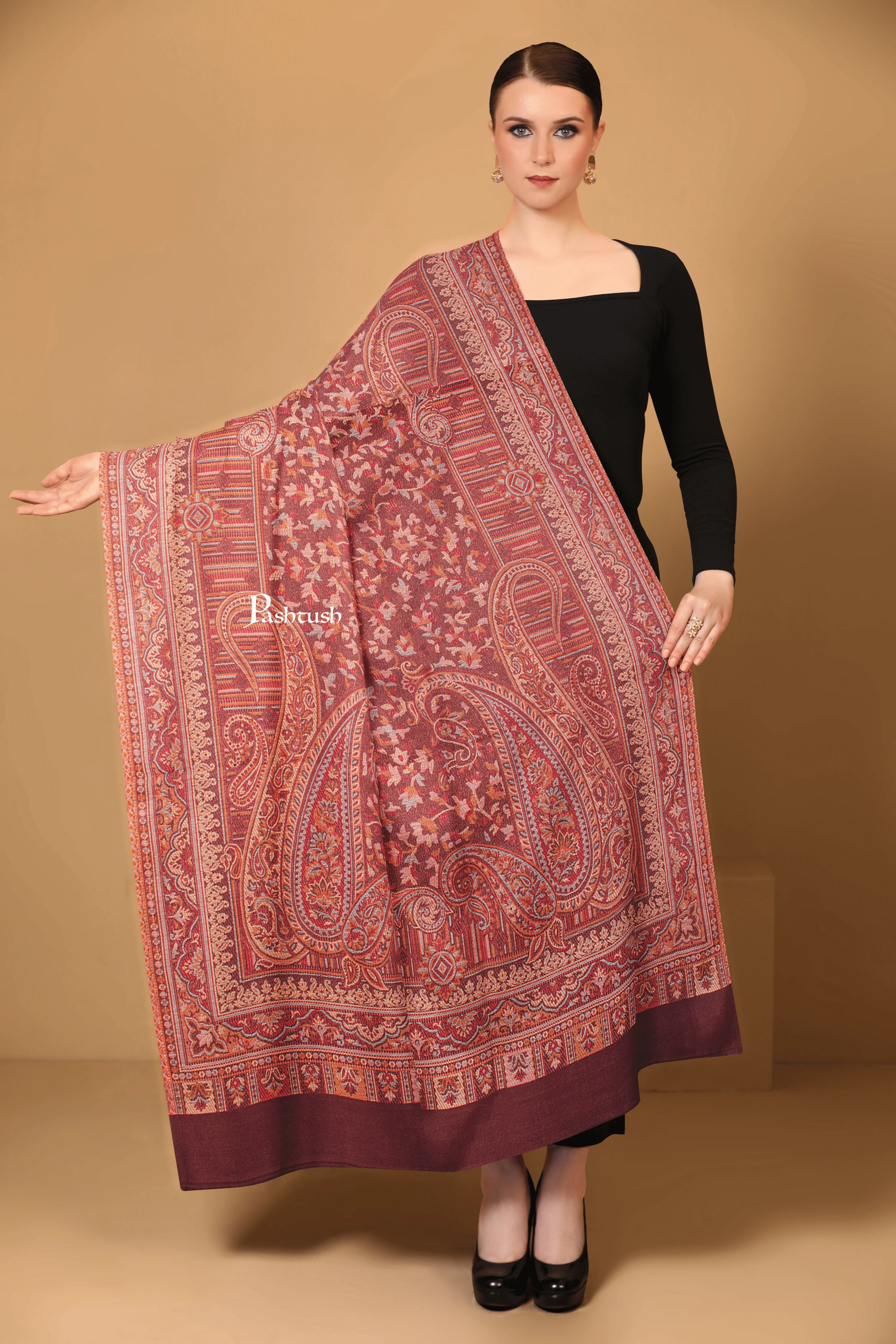 Pashtush Womens Faux Pashmina Shawl, Ethnic Weave Design, Brown