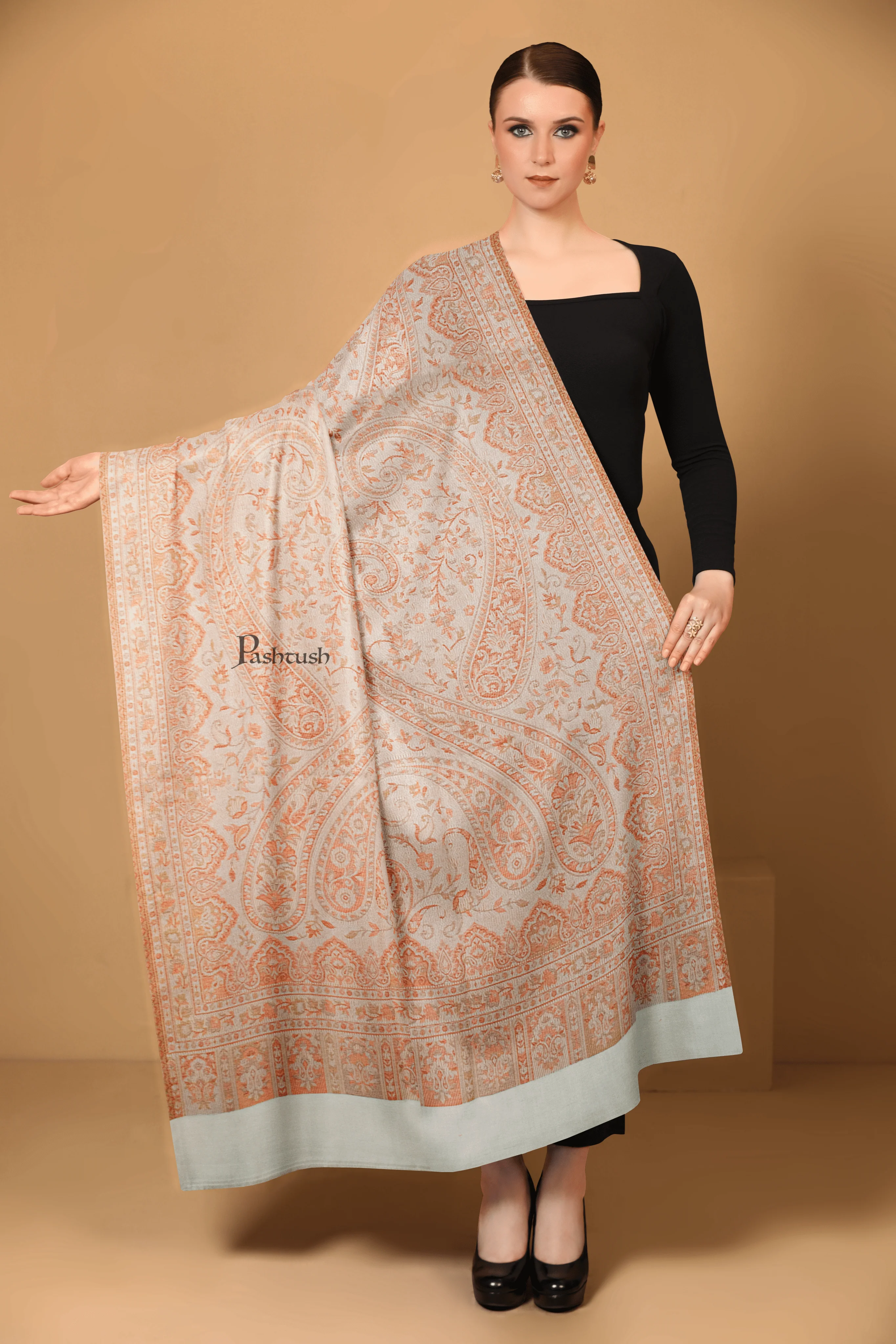 Pashtush Womens Faux Pashmina Shawl, Ethnic Weave Design, Ivory - Image 4