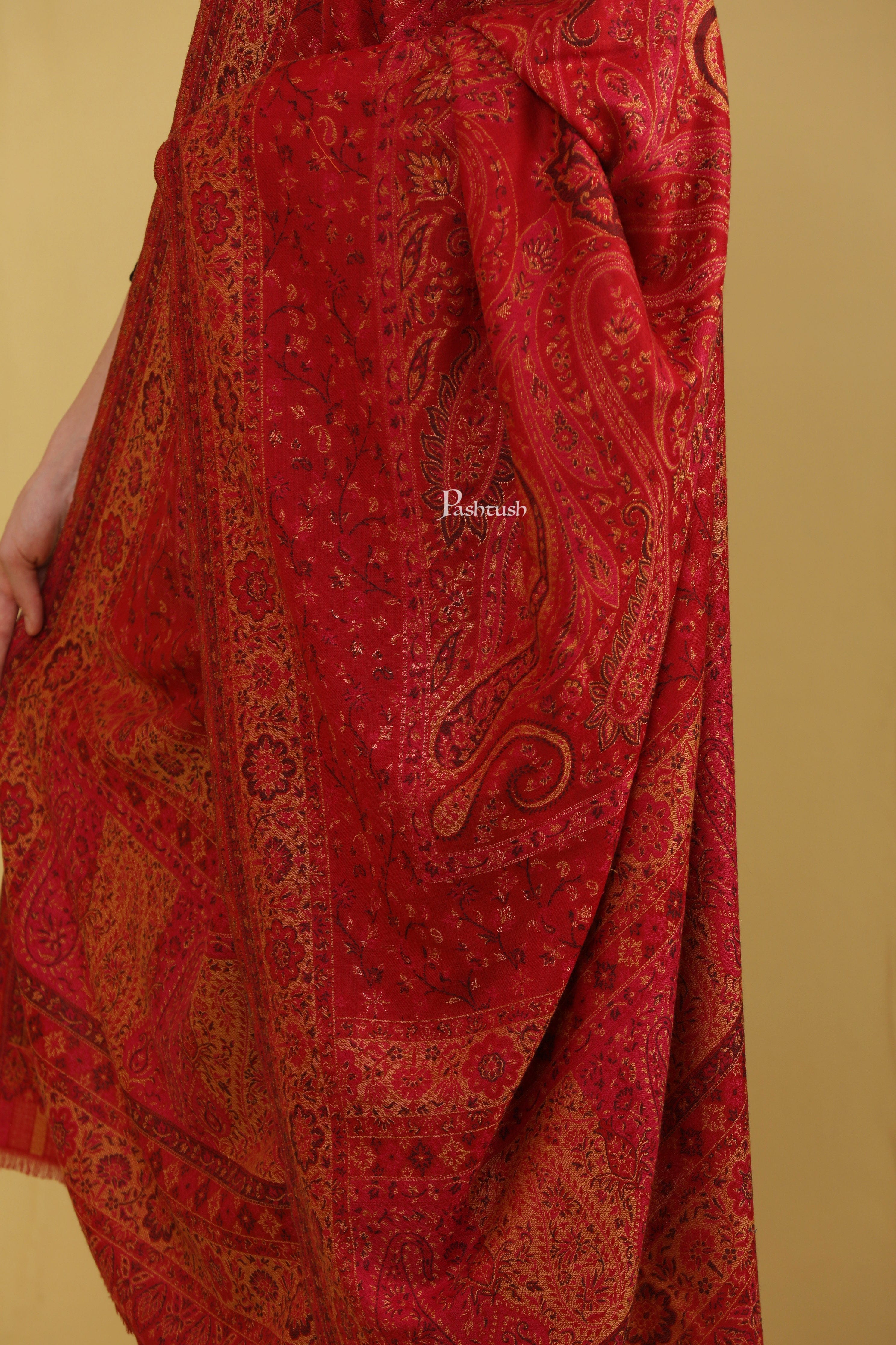 Pashtush Womens Faux Pashmina Shawl With Zari Ethnic Weave Design, Maroon - Image 2