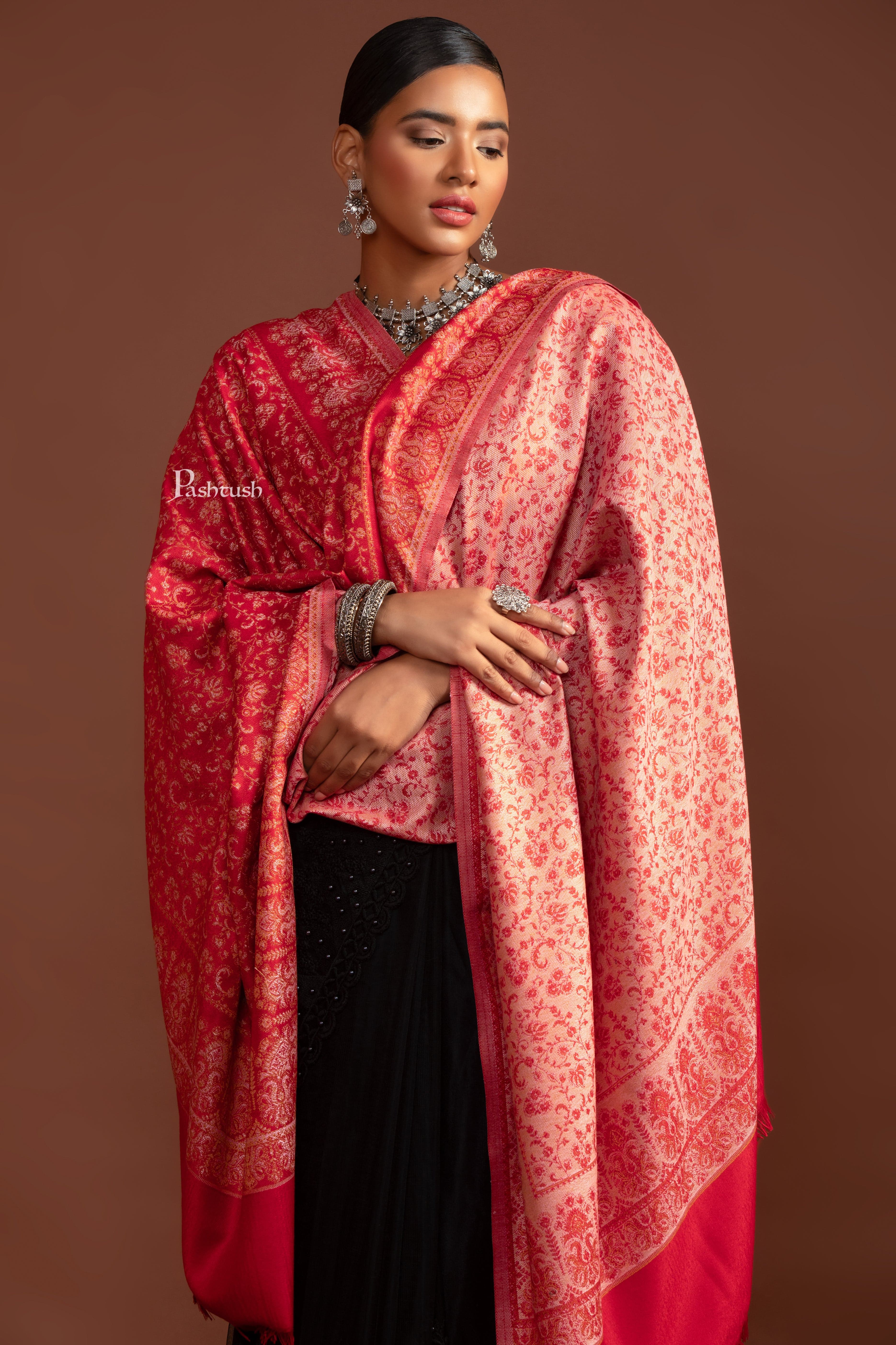 Pashtush Womens Faux Pashmina Shawl, Ethnic  Weave Design, Maroon - Image 4