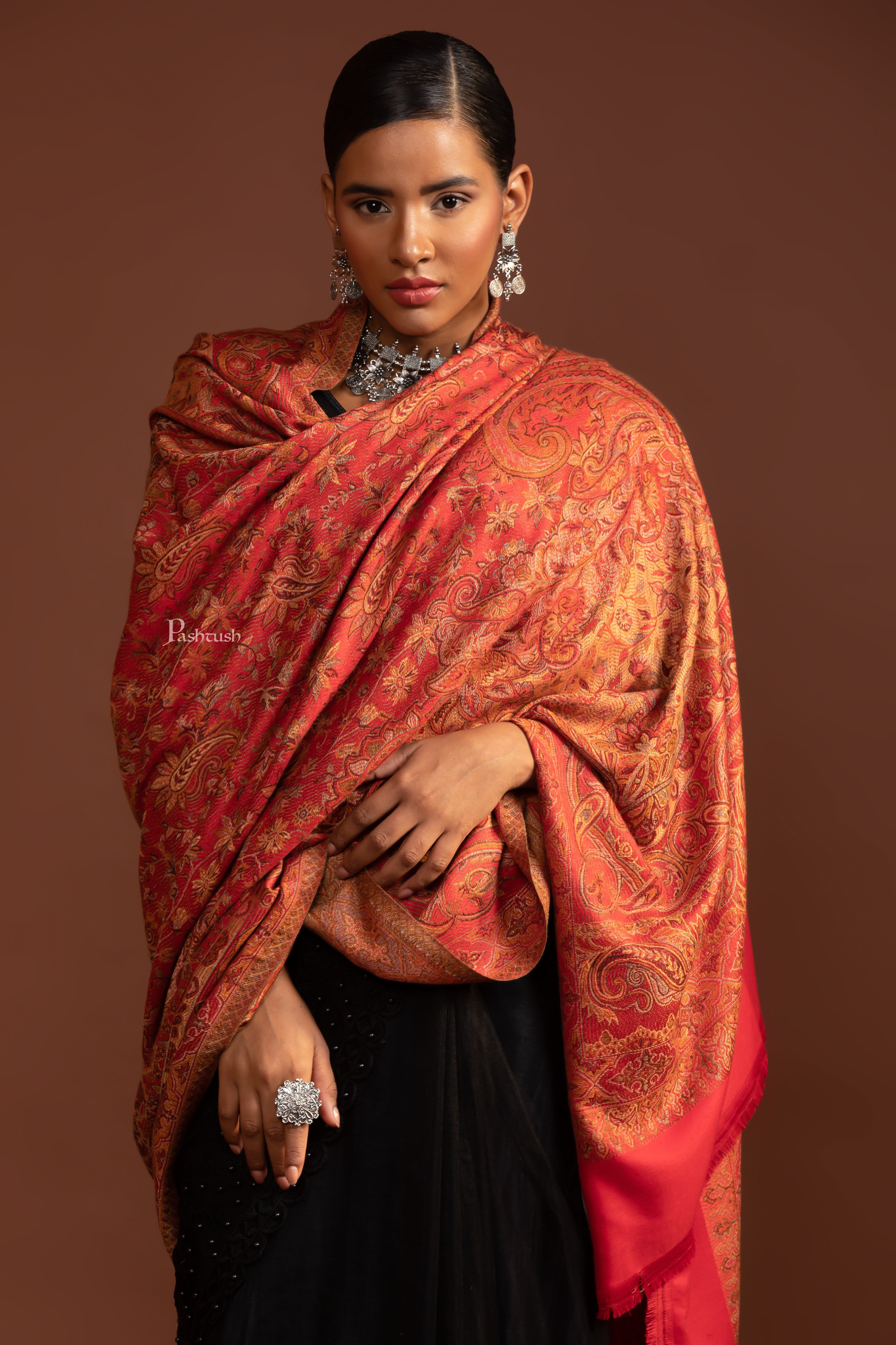 Pashtush Womens Faux Pashmina Shawl, Ethnic Weave, Maroon - Image 5