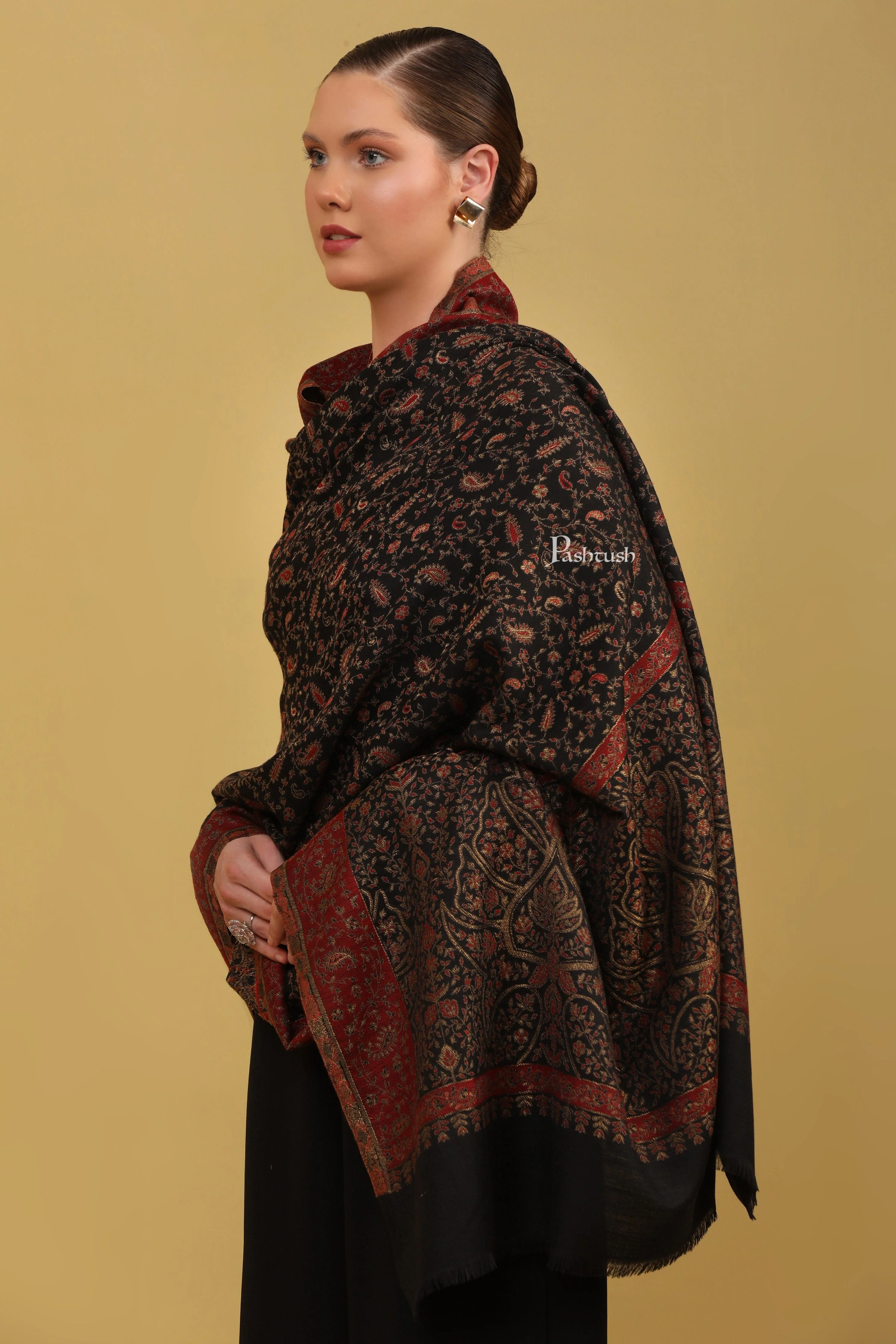 Pashtush Womens Faux Pashmina Shawl, Ethnic Weave With Zari Design, Black - Image 3