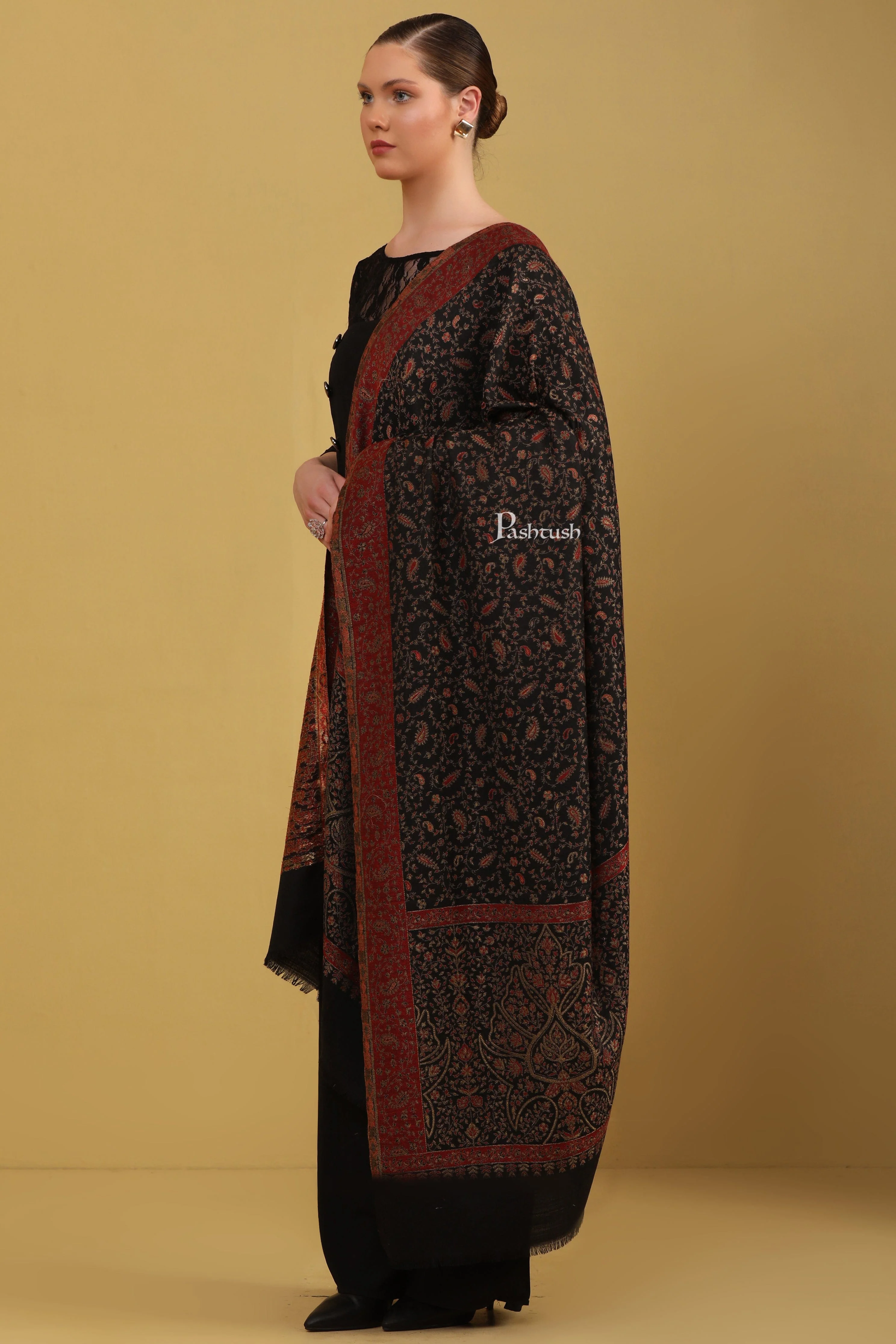 Pashtush Womens Faux Pashmina Shawl, Ethnic Weave With Zari Design, Black - Image 4