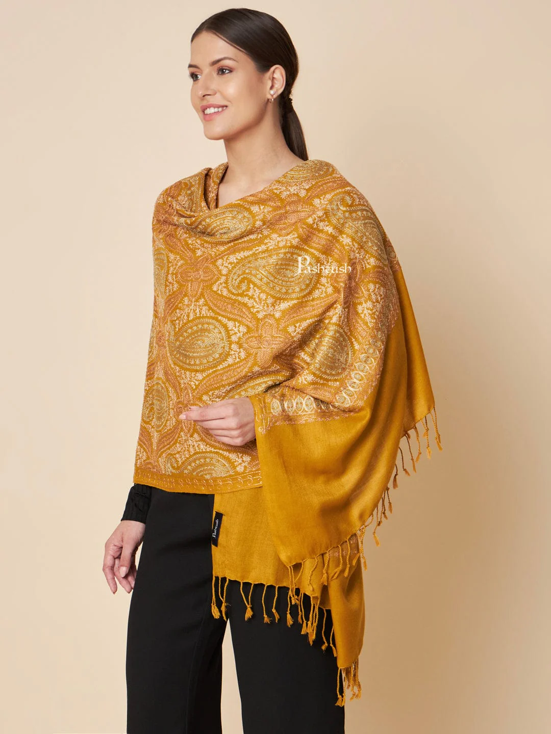 Pashtush Womens Faux Pashmina Stole, Fine Two Tone Nalki Embroidery Design, Mustard - Image 3
