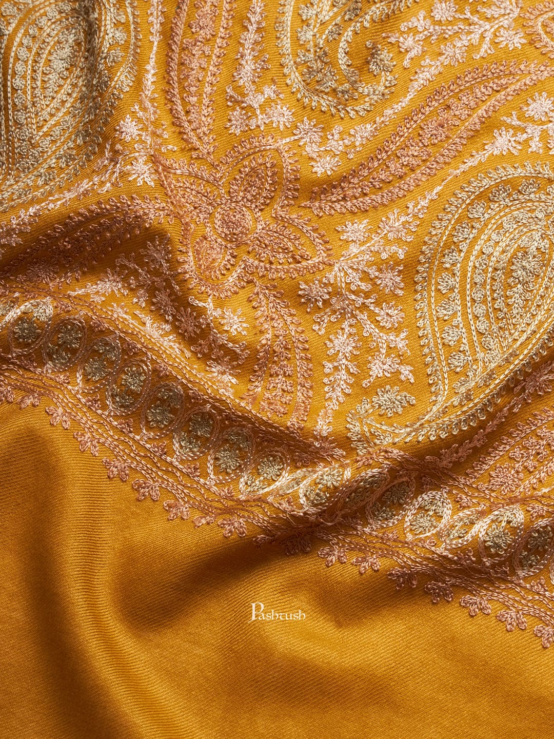 Pashtush Womens Faux Pashmina Stole, Fine Two Tone Nalki Embroidery Design, Mustard - Image 5