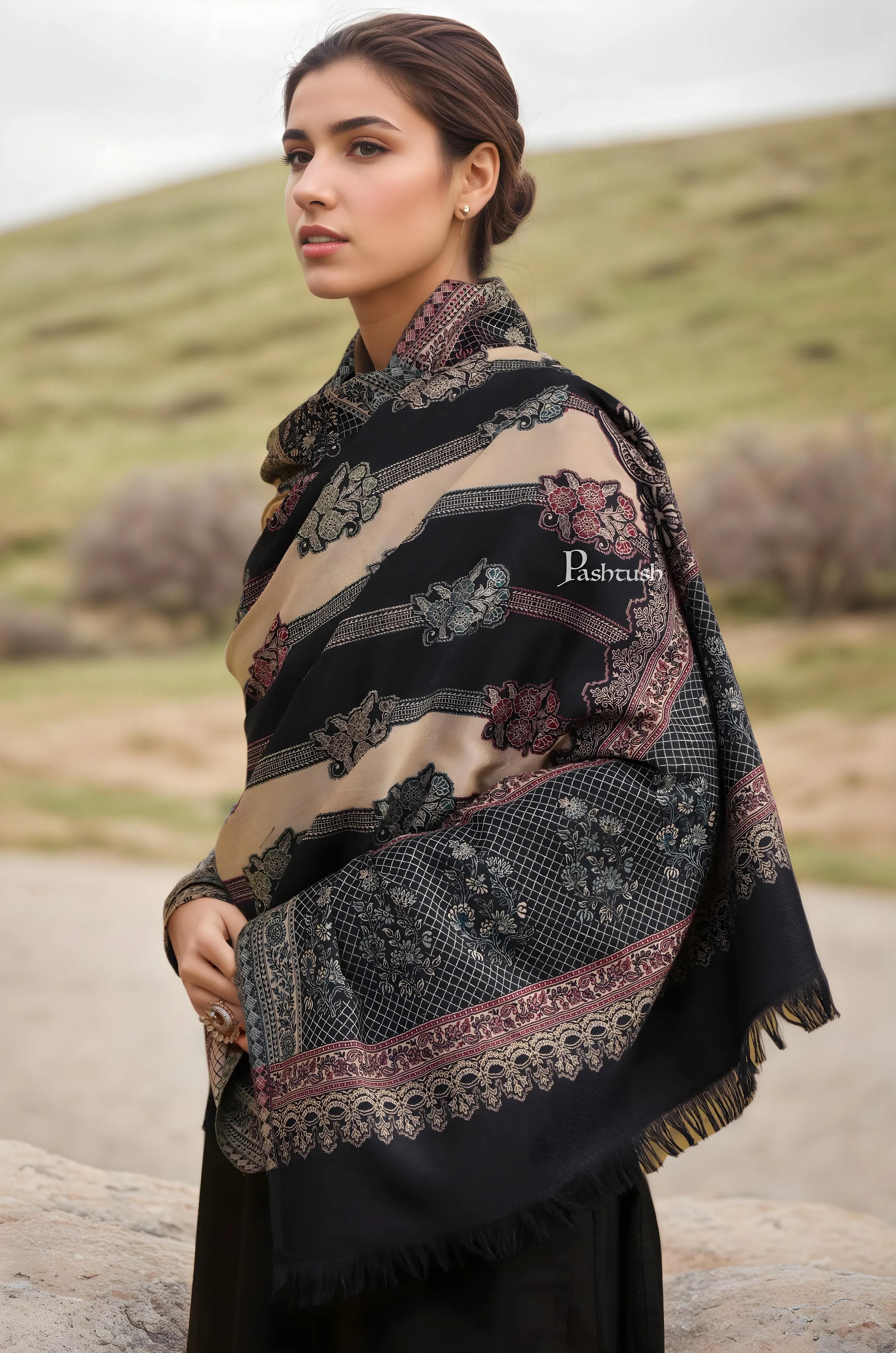 Pashtush Womens Faux Pashmina Shawl, Floral Weave with Stripes