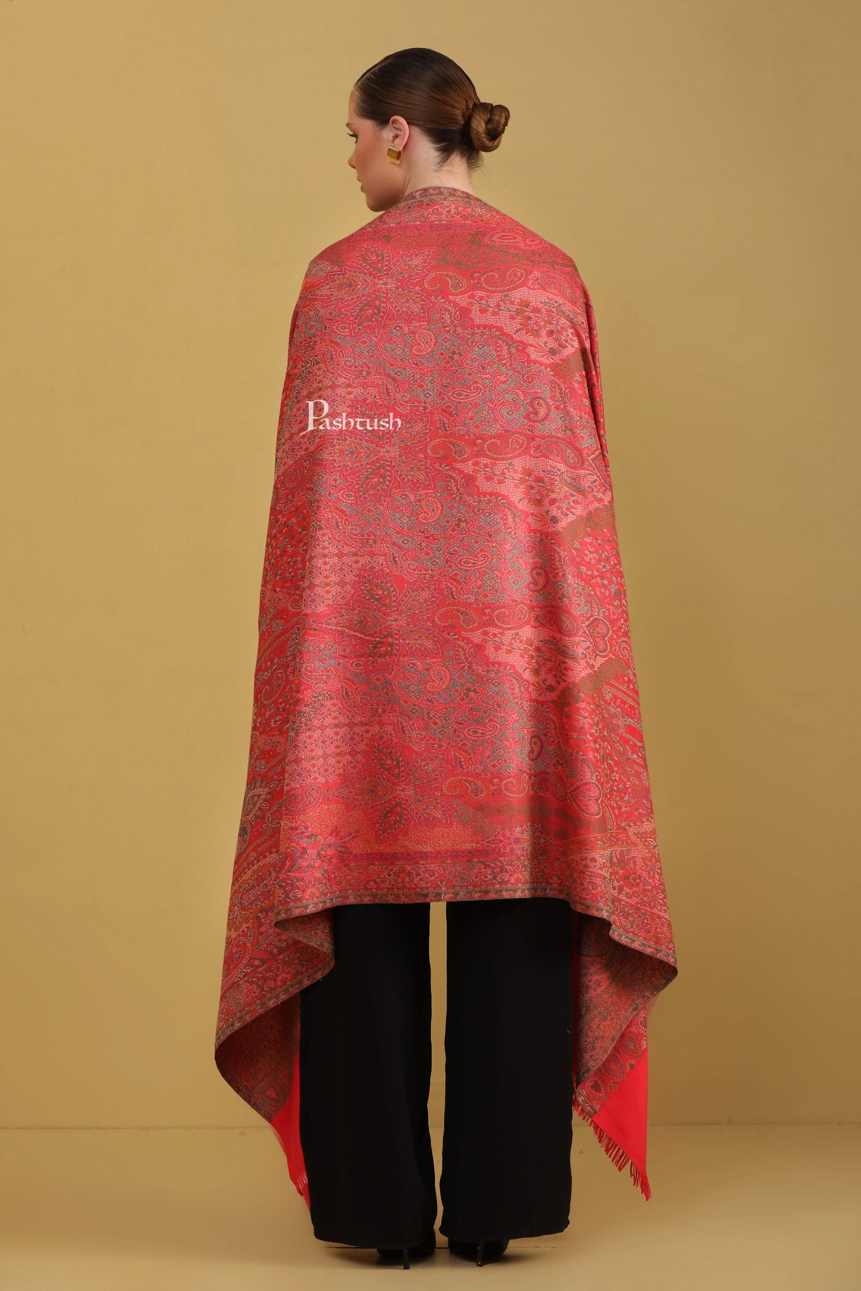 Pashtush Womens Faux Pashmina Shawl, Jamawar Design, Dark Pink - Image 6