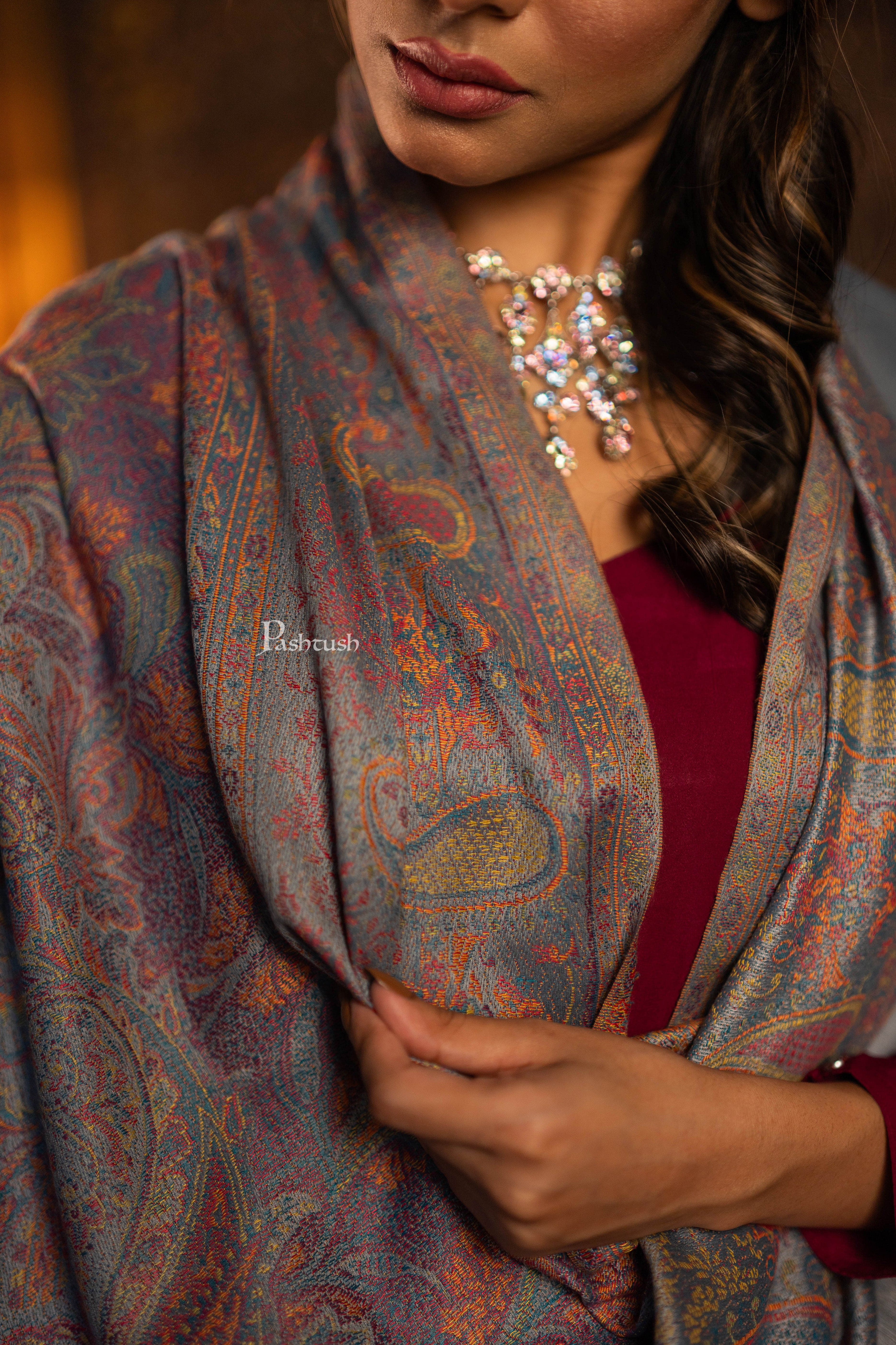 Pashtush Womens Faux Pashmina Shawl, Jamawar Design, Grey - Image 2
