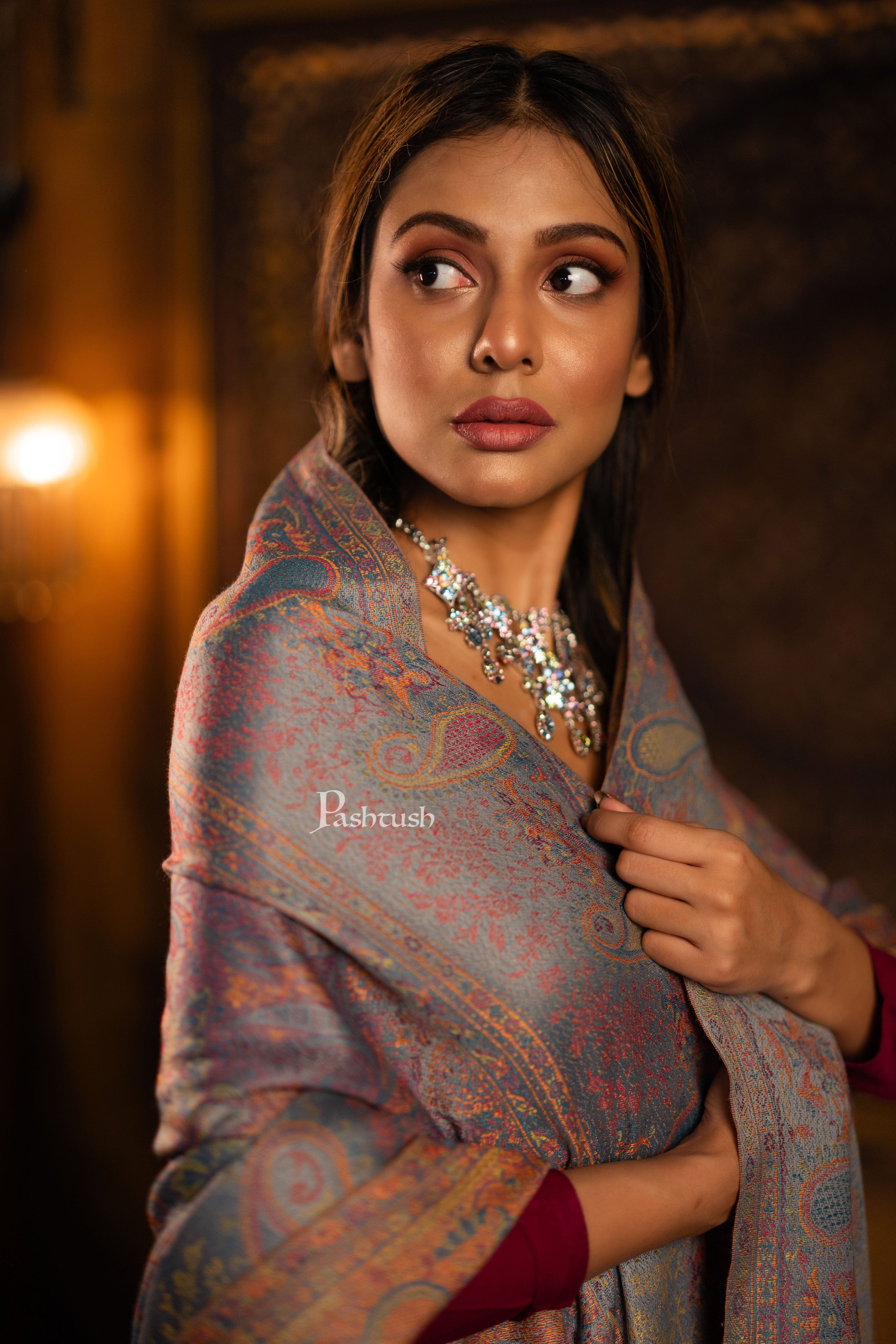 Pashtush Womens Faux Pashmina Shawl, Jamawar Design, Grey - Image 3