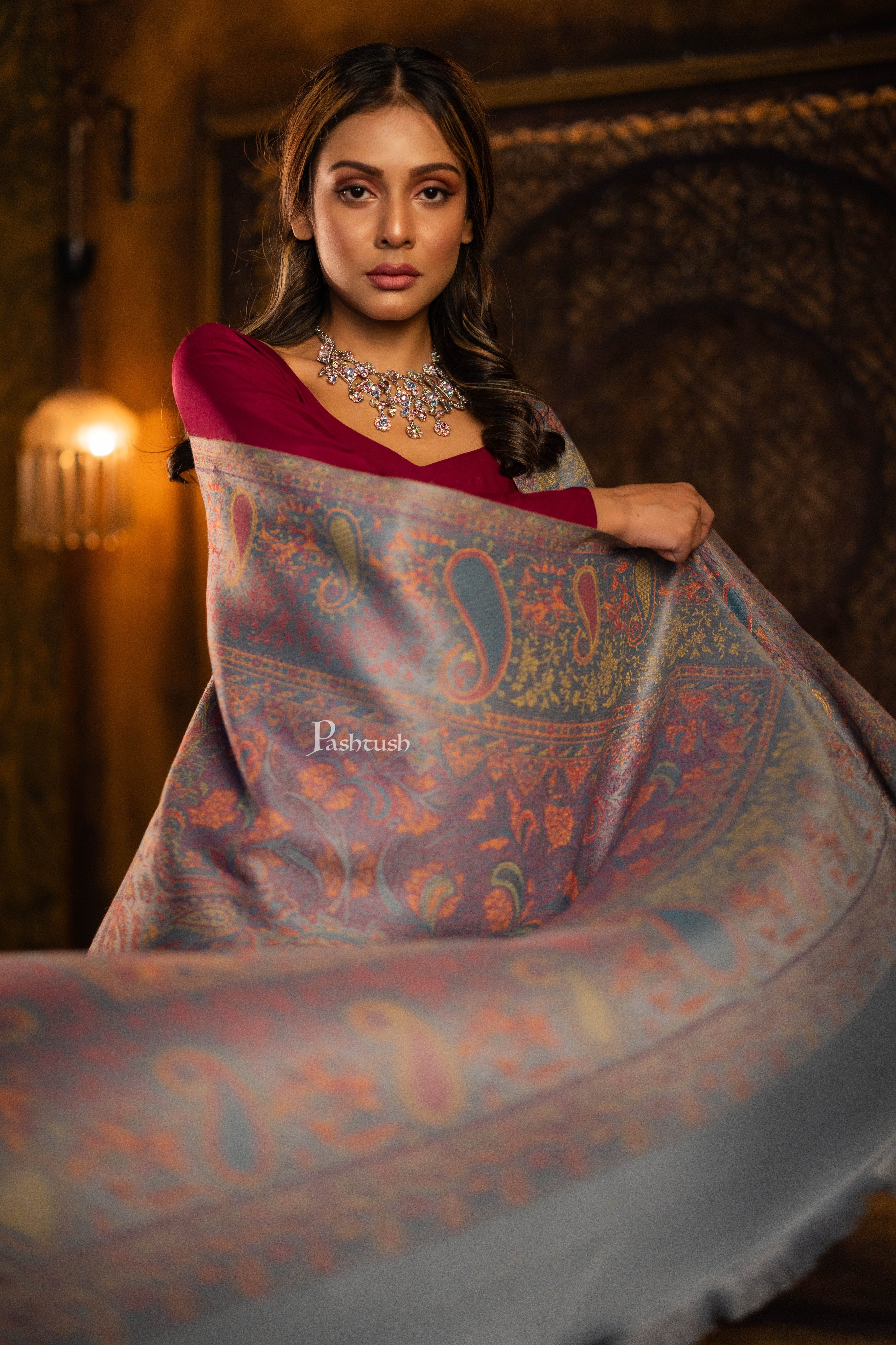 Pashtush Womens Faux Pashmina Shawl, Jamawar Design, Grey - Image 4