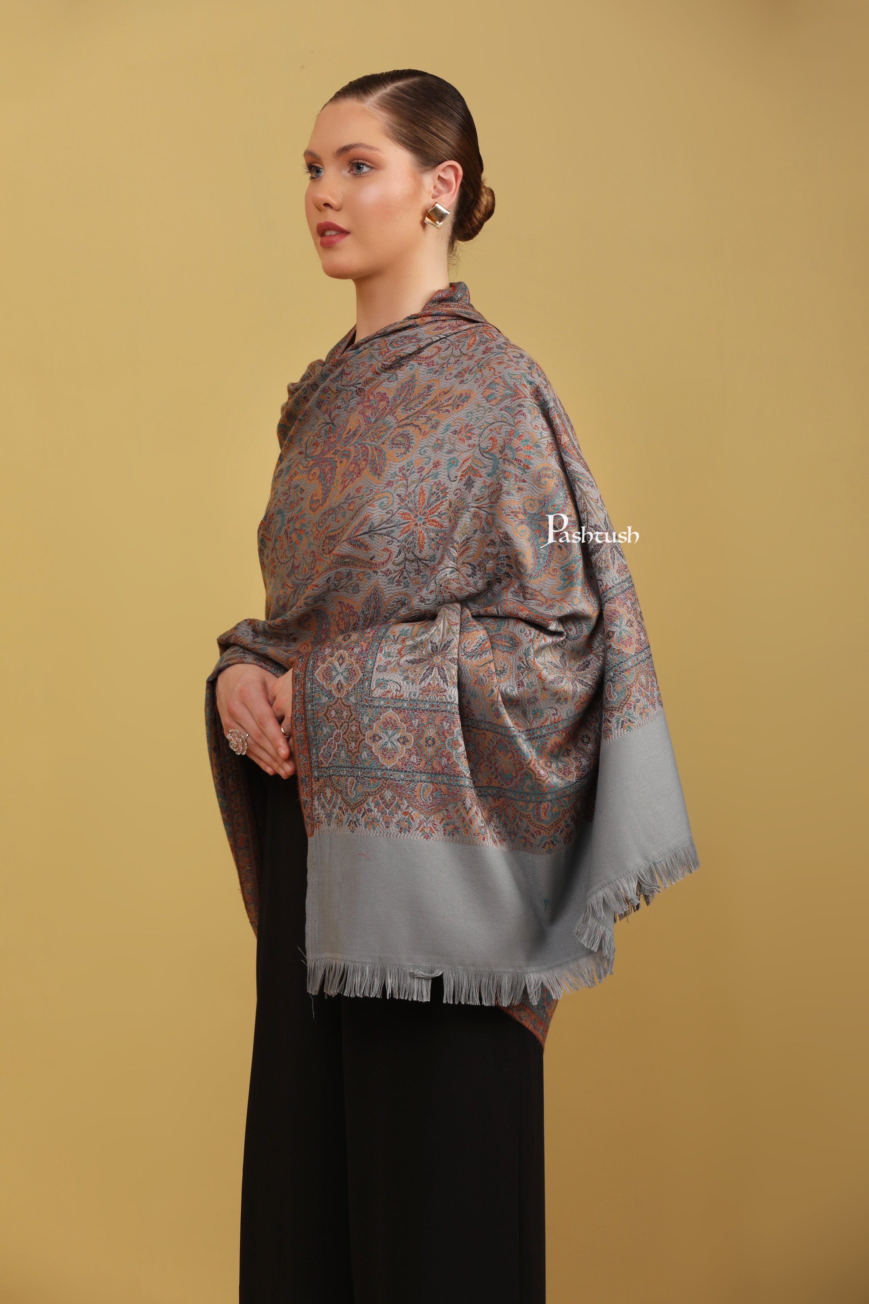 Pashtush Womens Faux Pashmina Shawl, Jamawar Design, Grey - Image 5