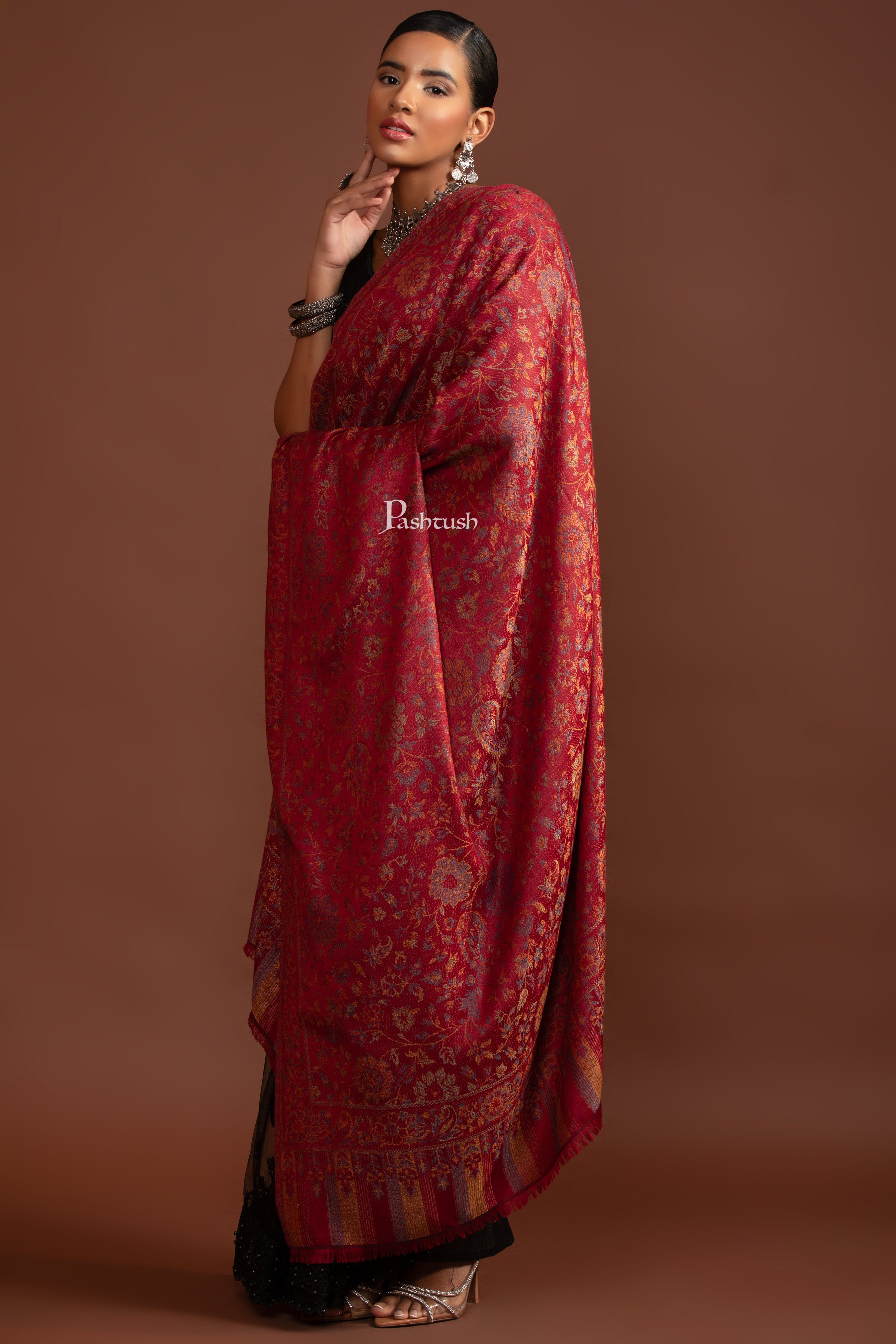 Pashtush Womens Faux Pashmina Shawl, Jamawar Design, Maroon - Image 6