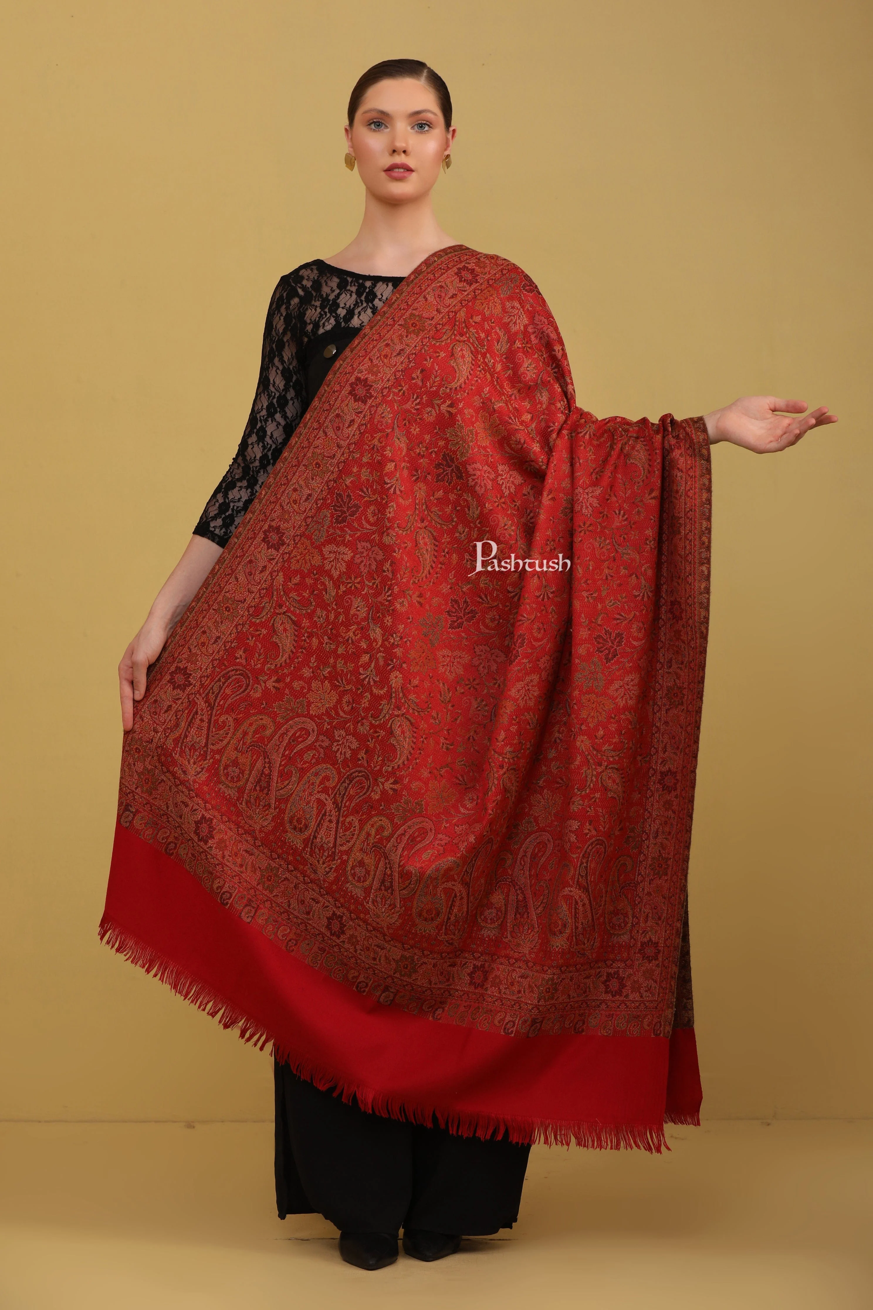 Pashtush Womens Faux Pashmina Shawl, Jamawar Design, Maroon - Image 3