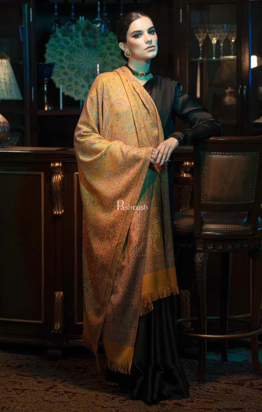 Pashtush womens Faux Pashmina shawl, Jamawar design, Mustard - Image 2