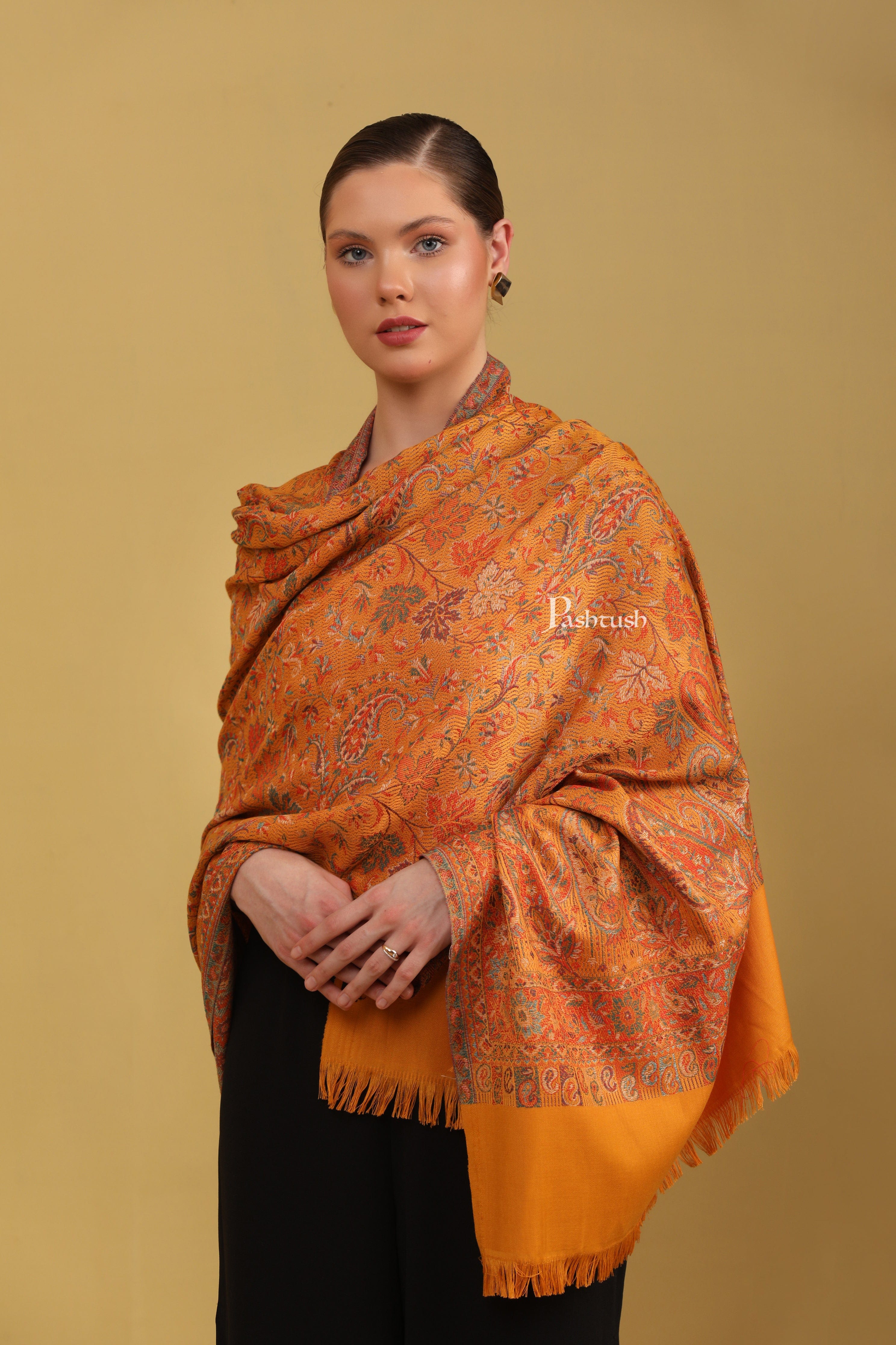 Pashtush Womens Faux Pashmina Shawl, Jamawar Design, Mustard - Image 3