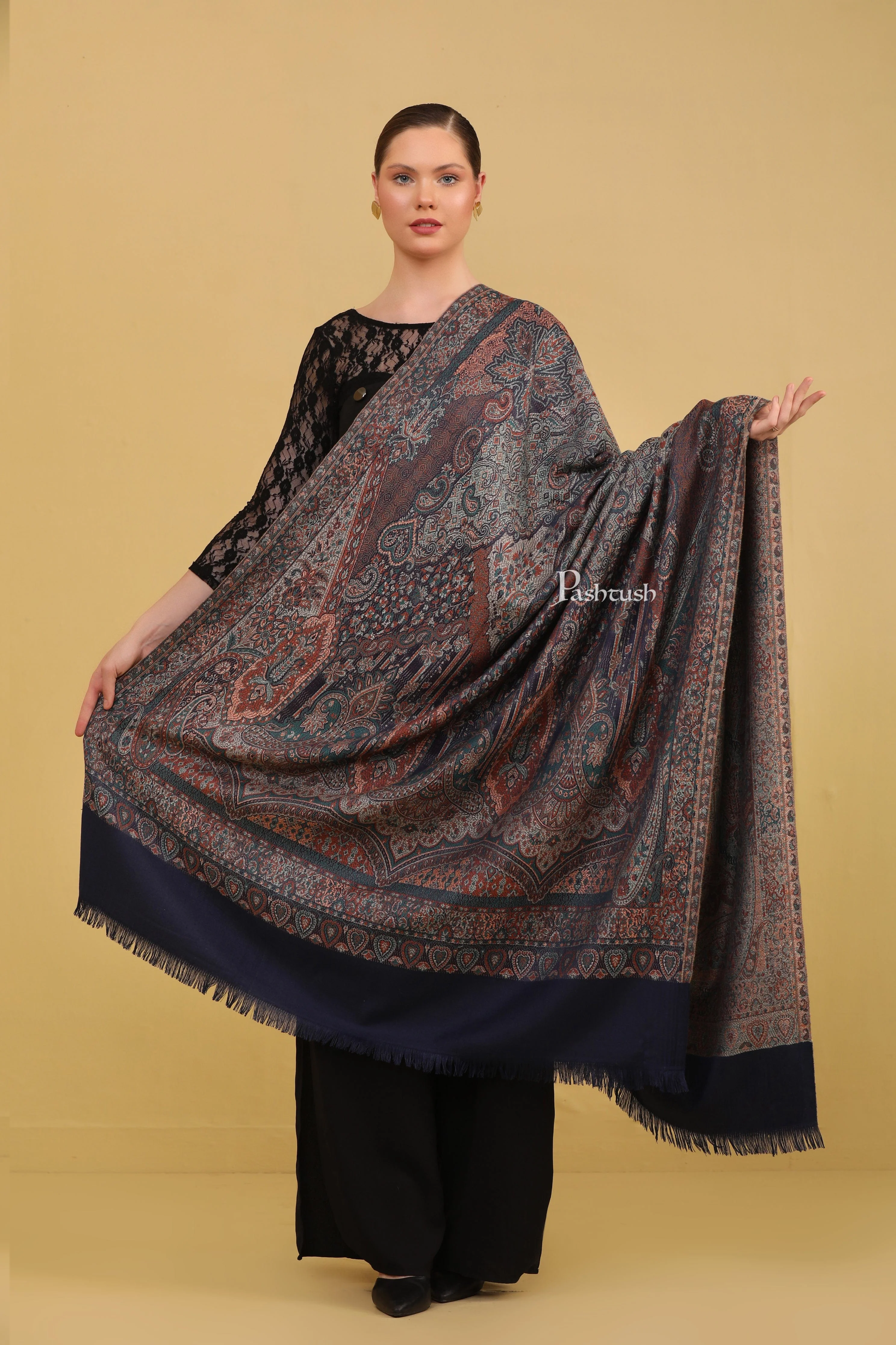 Pashtush Womens Faux Pashmina Shawl, Jamawar Design, Navy Blue - Image 3