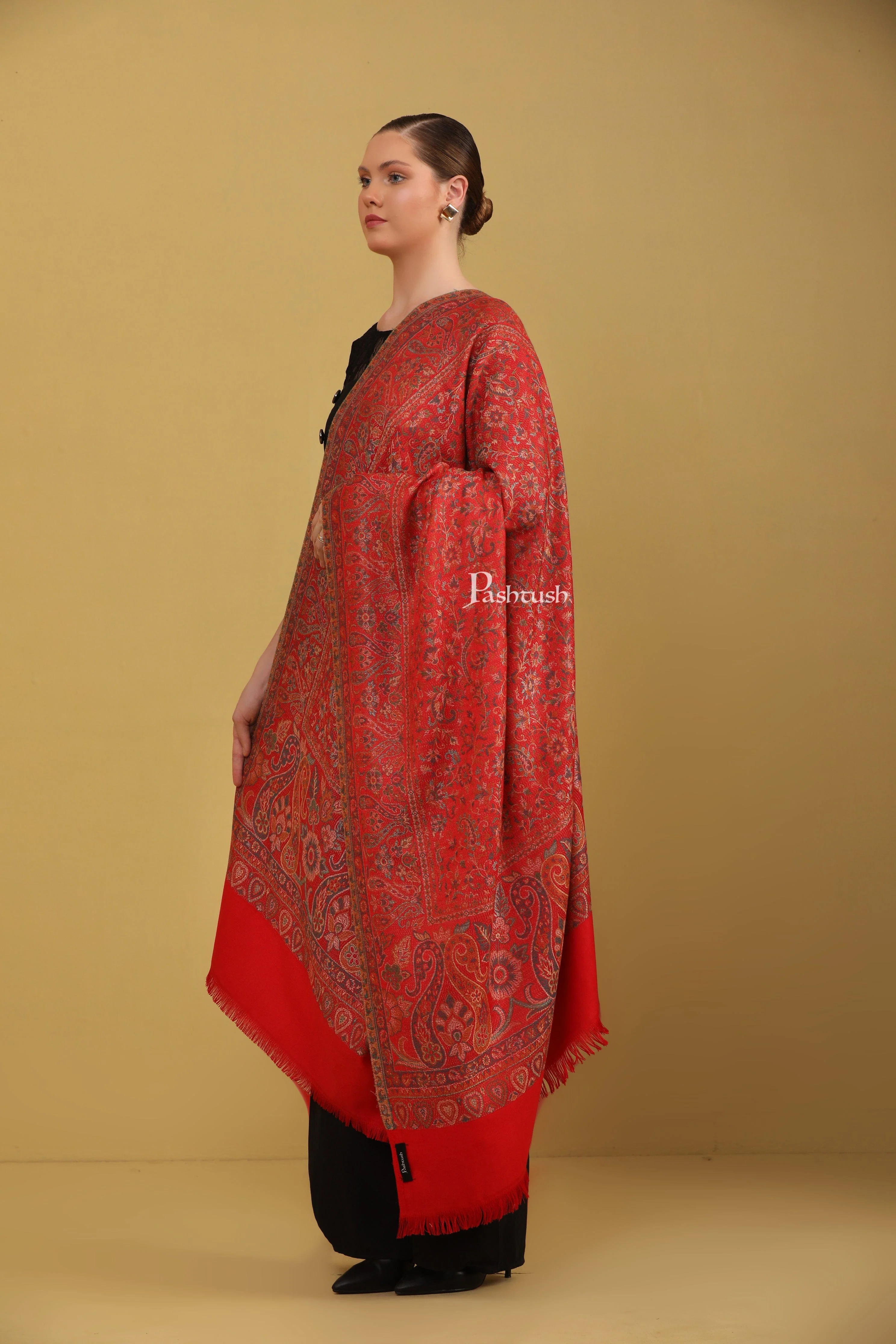 Pashtush Womens Faux Pashmina Shawl, Jamawar Design, Red - Image 5