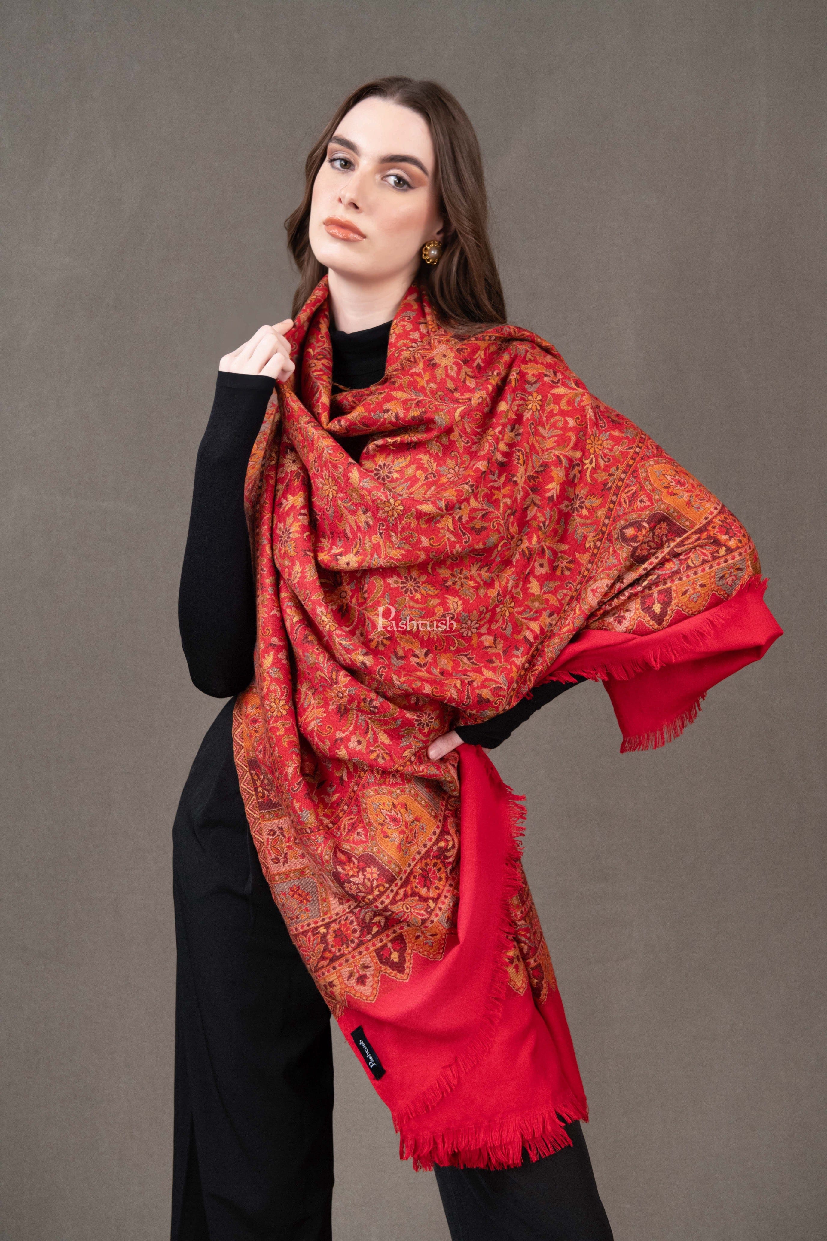 Pashtush Womens Faux Pashmina Shawl, Jamawar Design, Red - Image 2