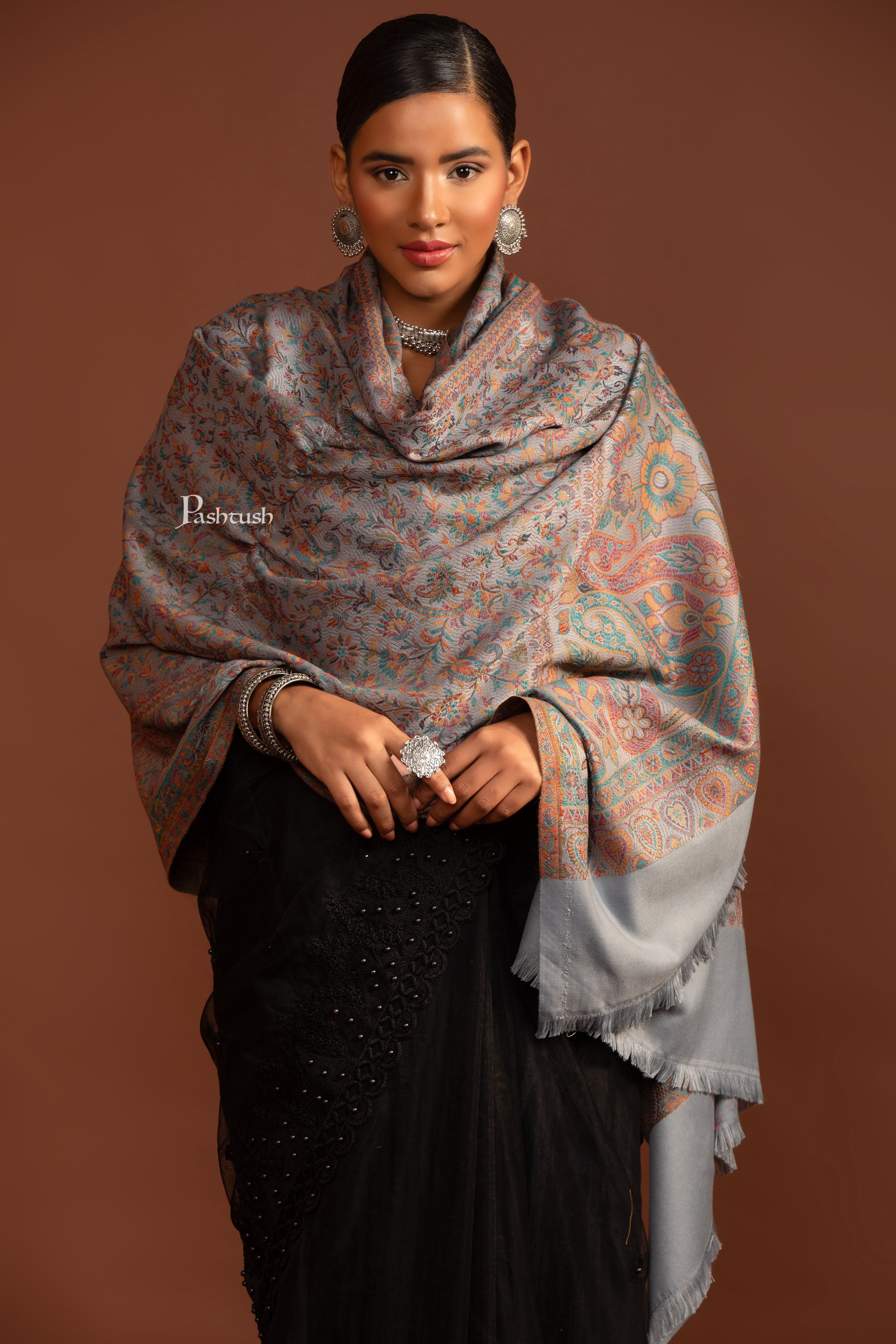 Pashtush Womens Faux Pashmina Shawl, Jamawar Design, Slate Grey - Image 6