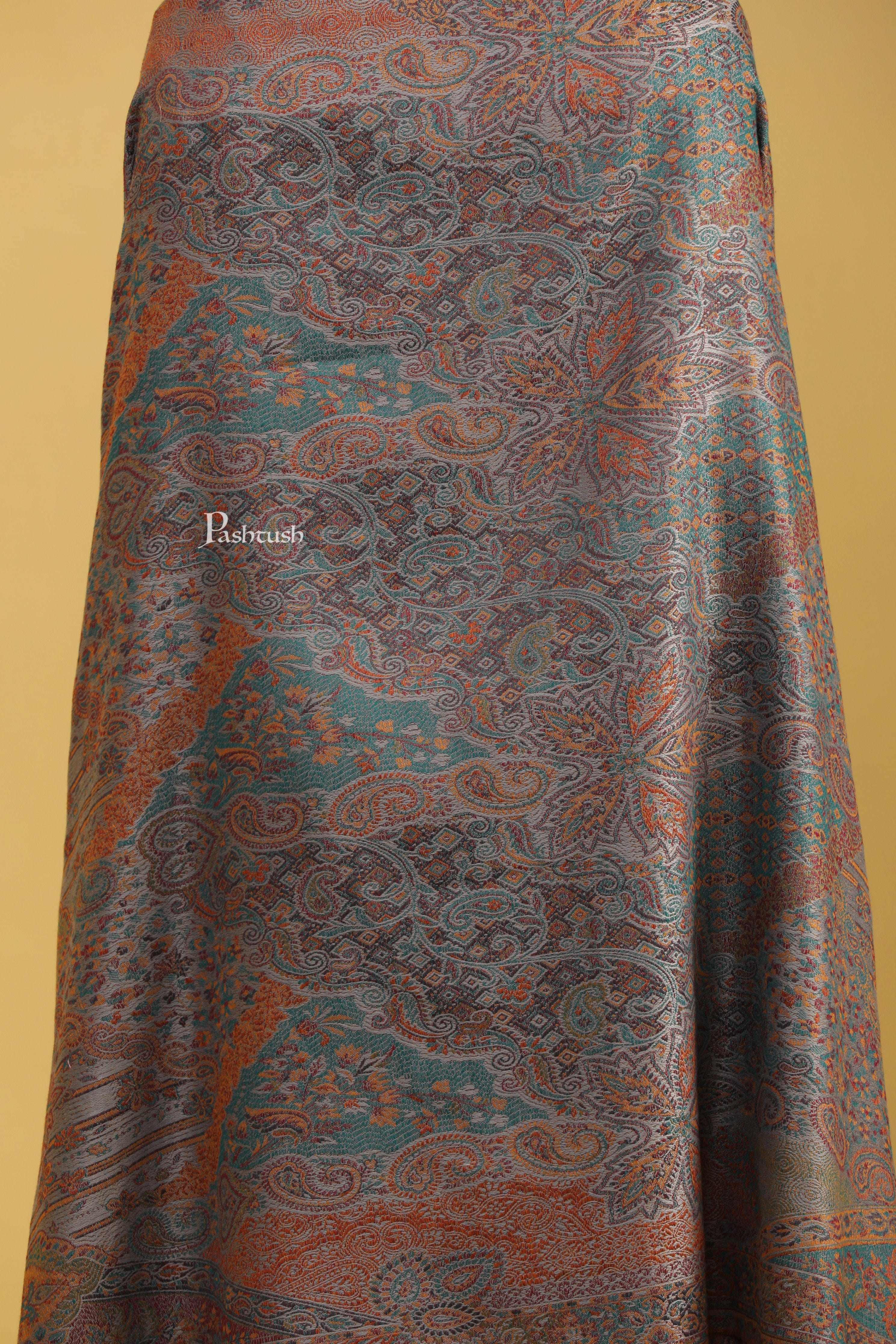 Pashtush Womens Faux Pashmina Shawl, Jamawar Design, Slate Grey - Image 2