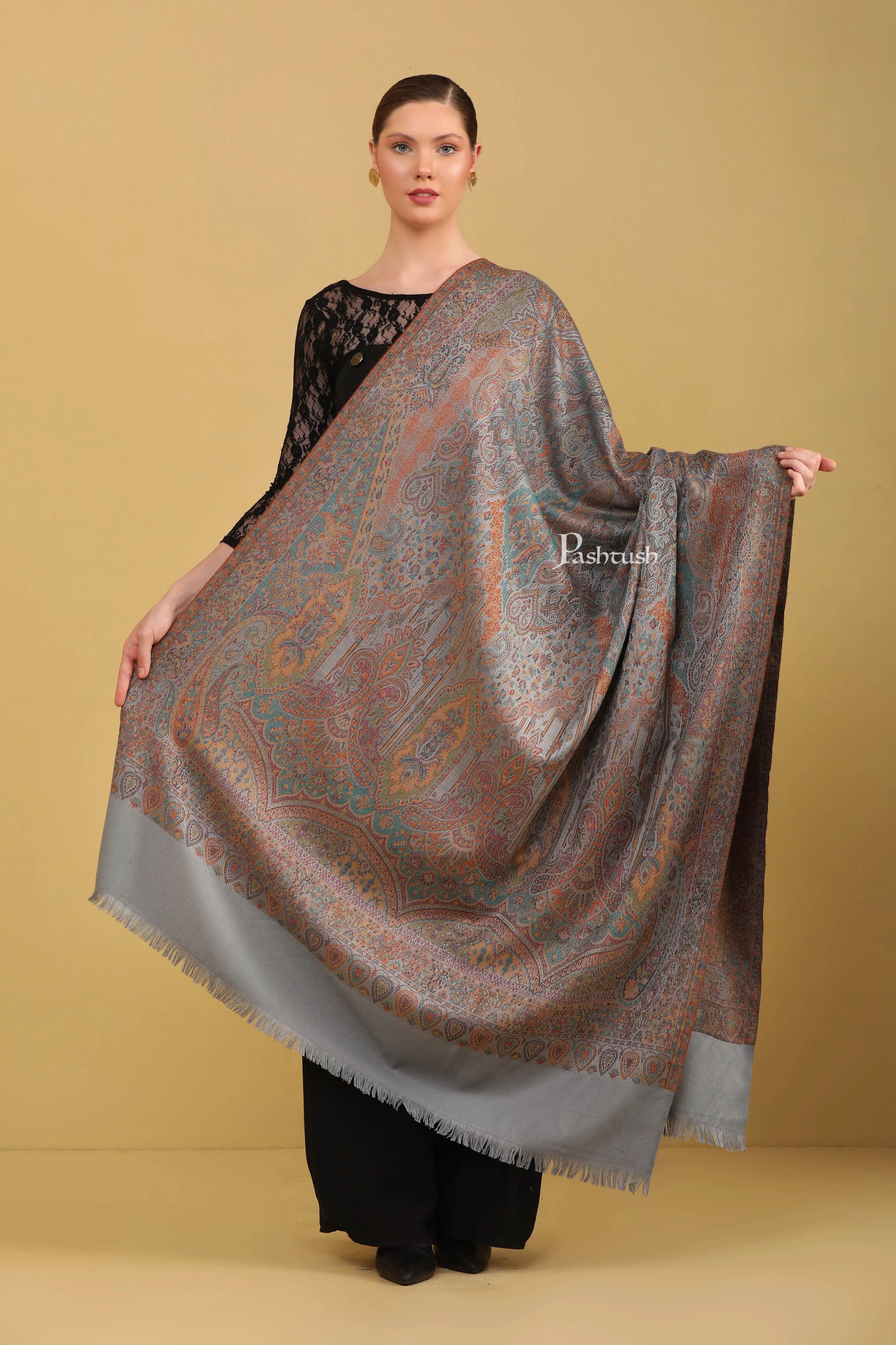 Pashtush Womens Faux Pashmina Shawl, Jamawar Design, Slate Grey - Image 3