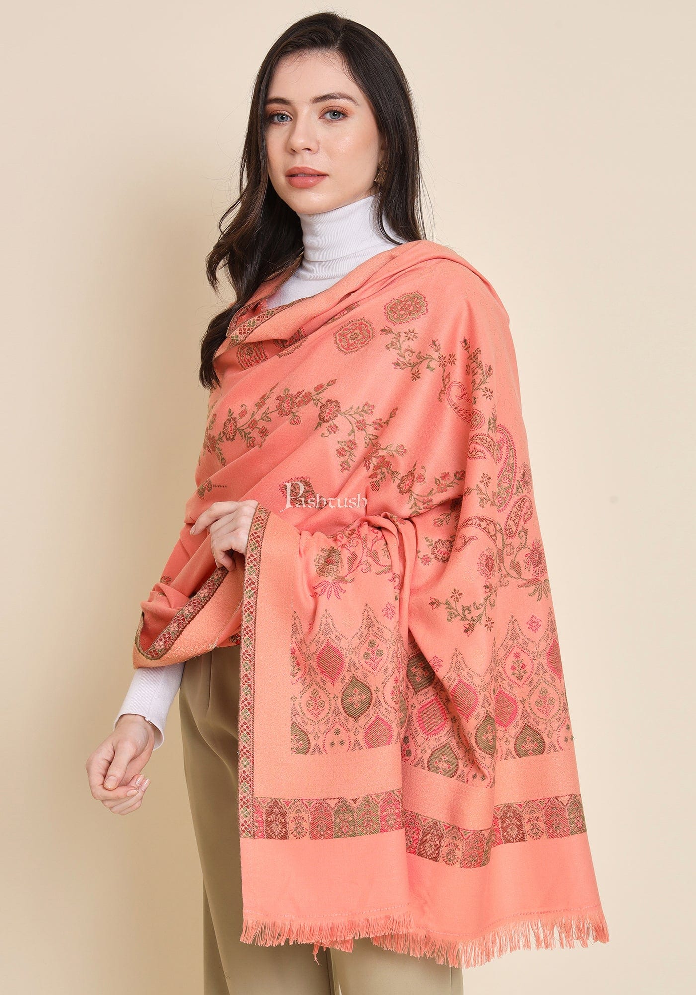 Pashtush Womens Faux Pashmina Shawl, Paisley Weave Zari Design, Peach (Twilight) - Image 3