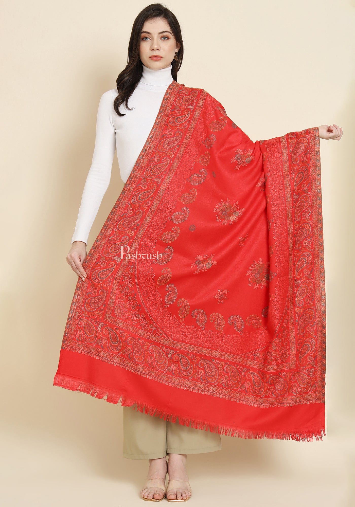 Pashtush Womens Faux Pashmina Shawl, Paisley Weave Zari Design, Red (Twilight)