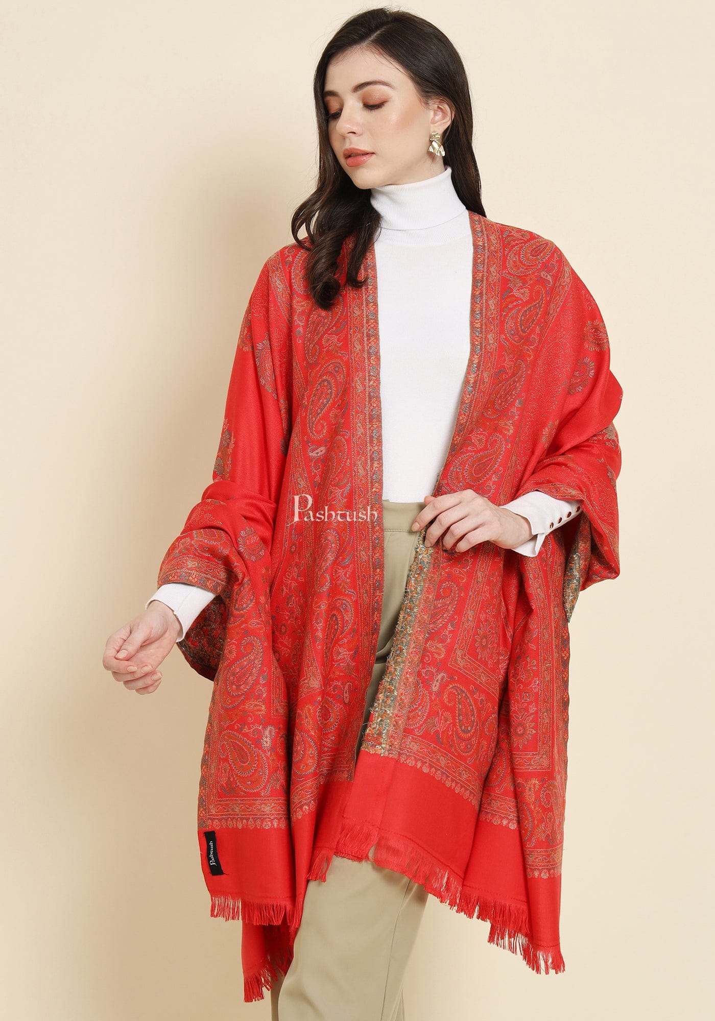 Pashtush Womens Faux Pashmina Shawl, Paisley Weave Zari Design, Red (Twilight) - Image 2