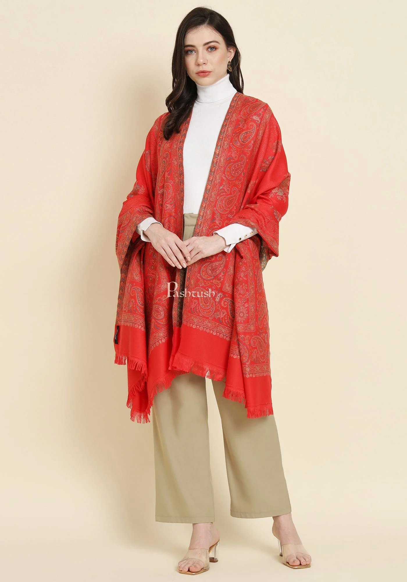Pashtush Womens Faux Pashmina Shawl, Paisley Weave Zari Design, Red (Twilight) - Image 3