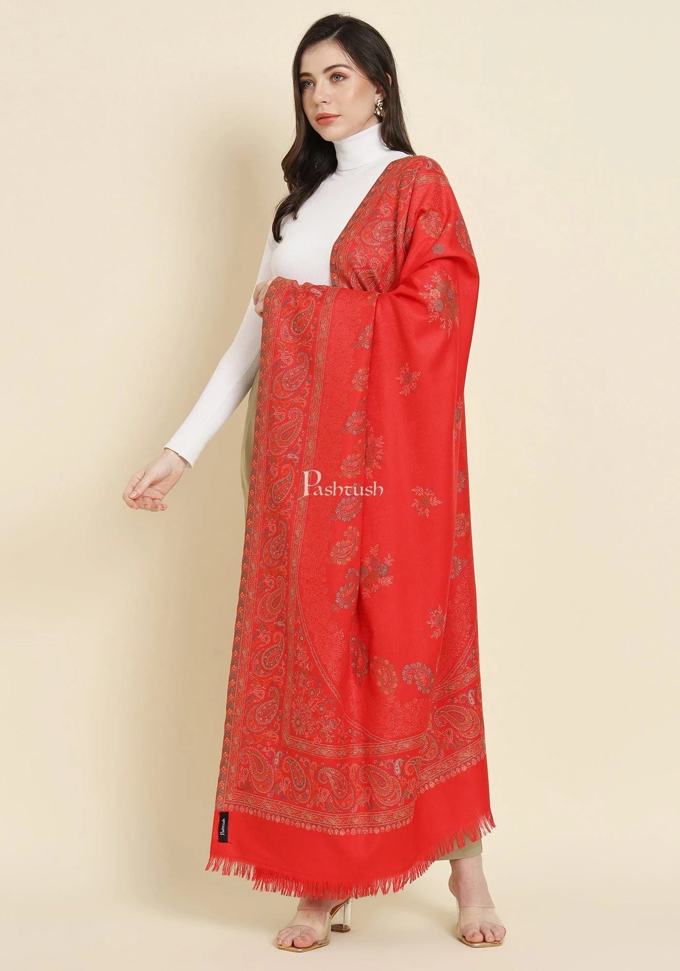 Pashtush Womens Faux Pashmina Shawl, Paisley Weave Zari Design, Red (Twilight) - Image 5