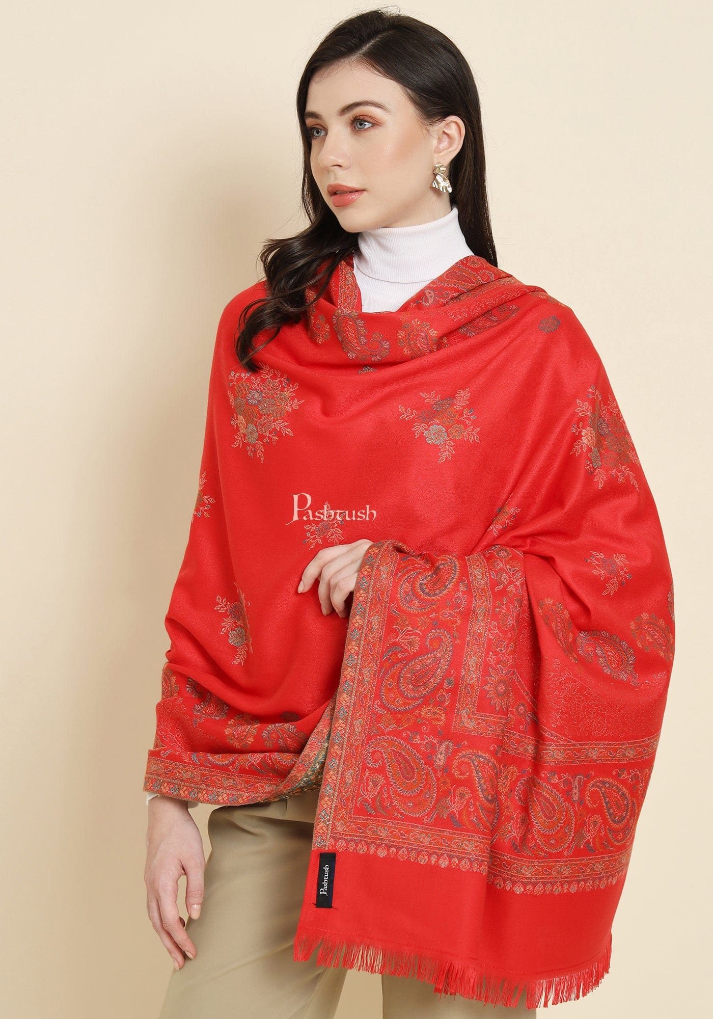 Pashtush Womens Faux Pashmina Shawl, Paisley Weave Zari Design, Red (Twilight) - Image 6