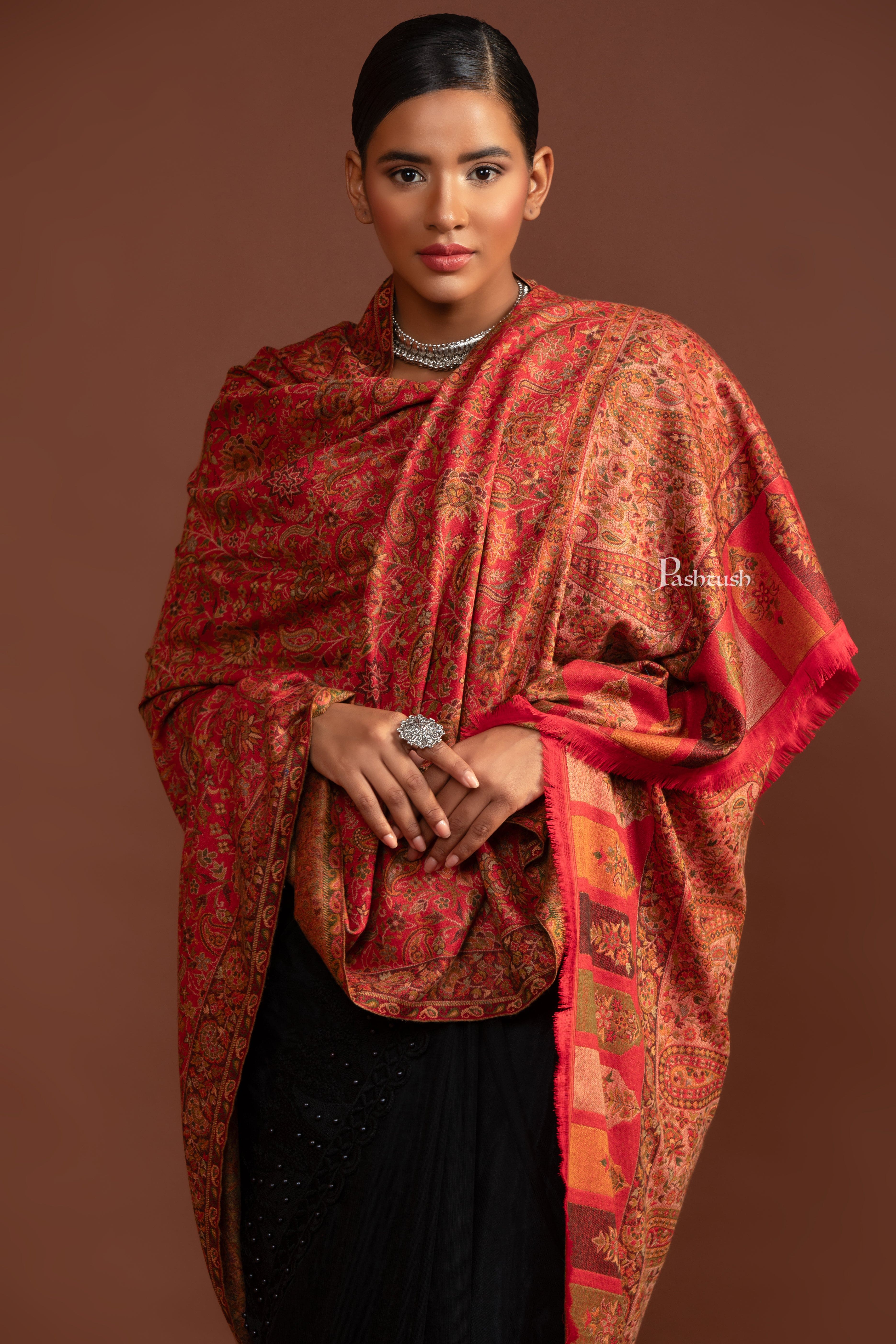 Pashtush Womens Faux Pashmina Shawl, Pasiley Weave' Design, Red - Image 5