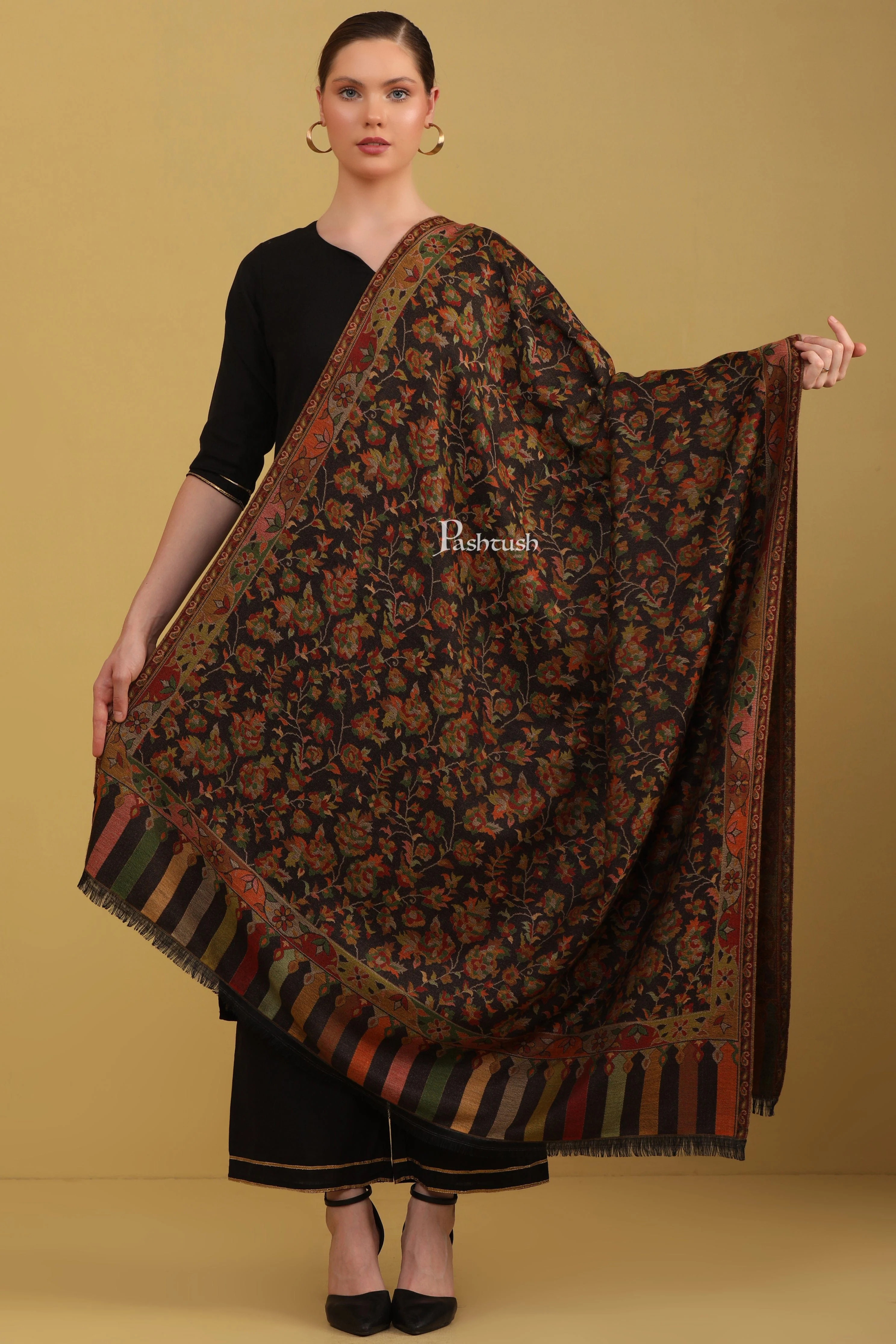 Pashtush Womens Faux Pashmina Shawl, Petiole Design, Black - Image 3