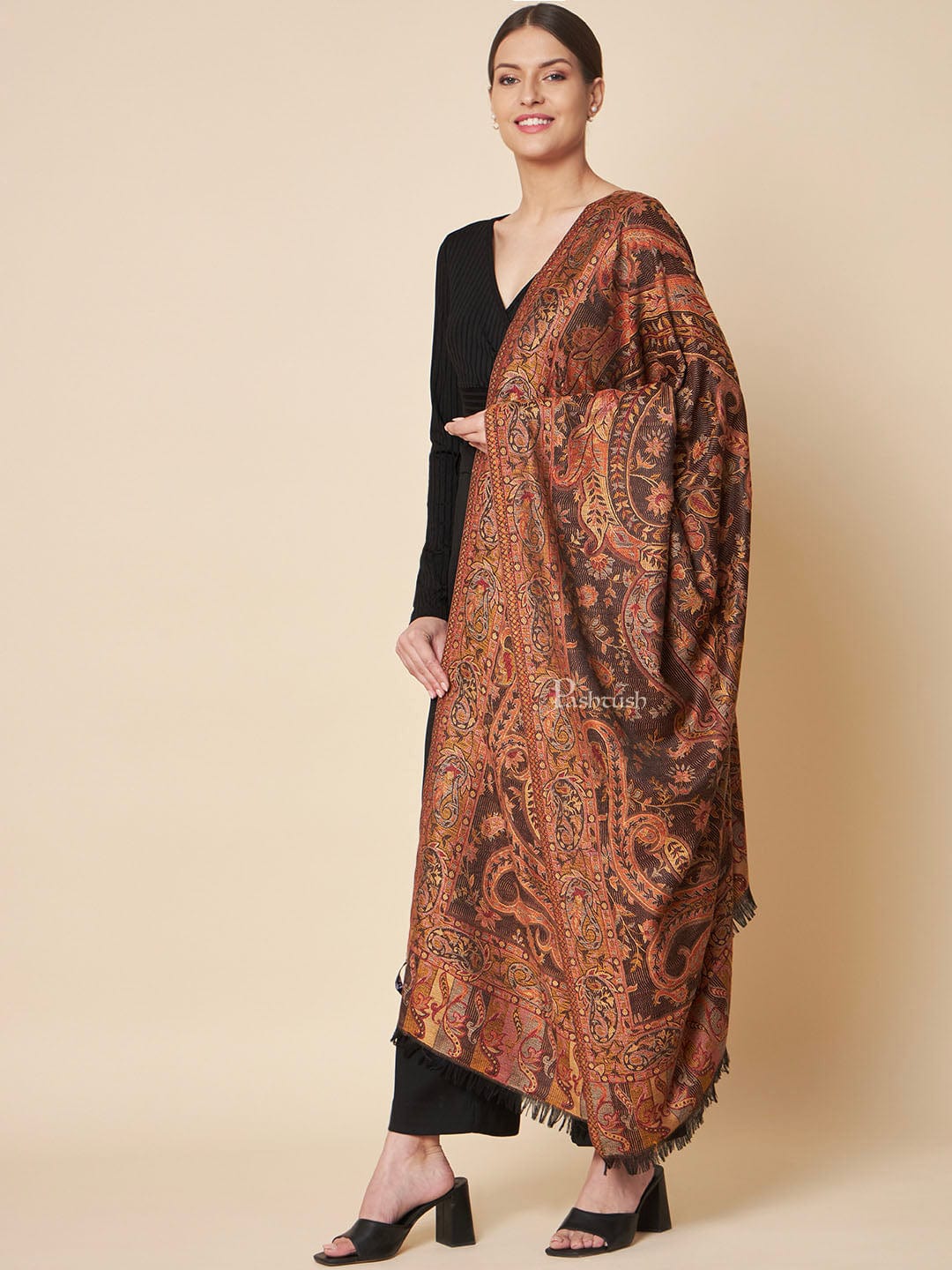 Pashtush Womens Faux Pashmina Shawl, Rich Jamawar Paisely Design, Black - Image 2