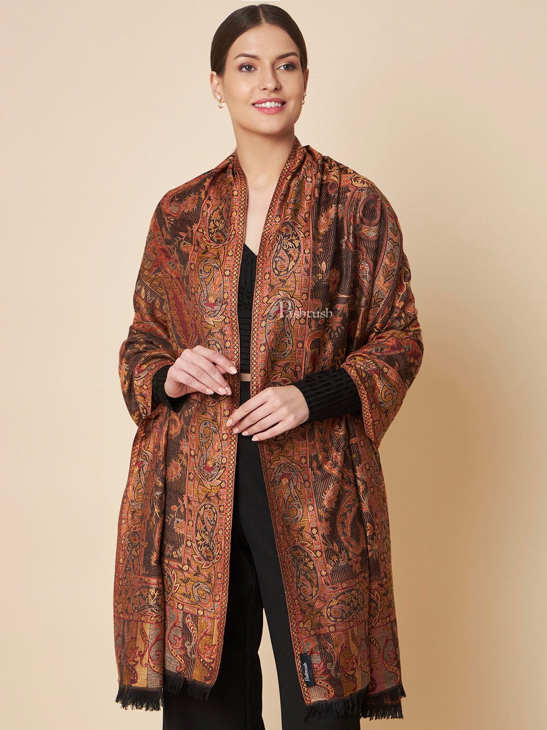 Pashtush Womens Faux Pashmina Shawl, Rich Jamawar Paisely Design, Black - Image 3