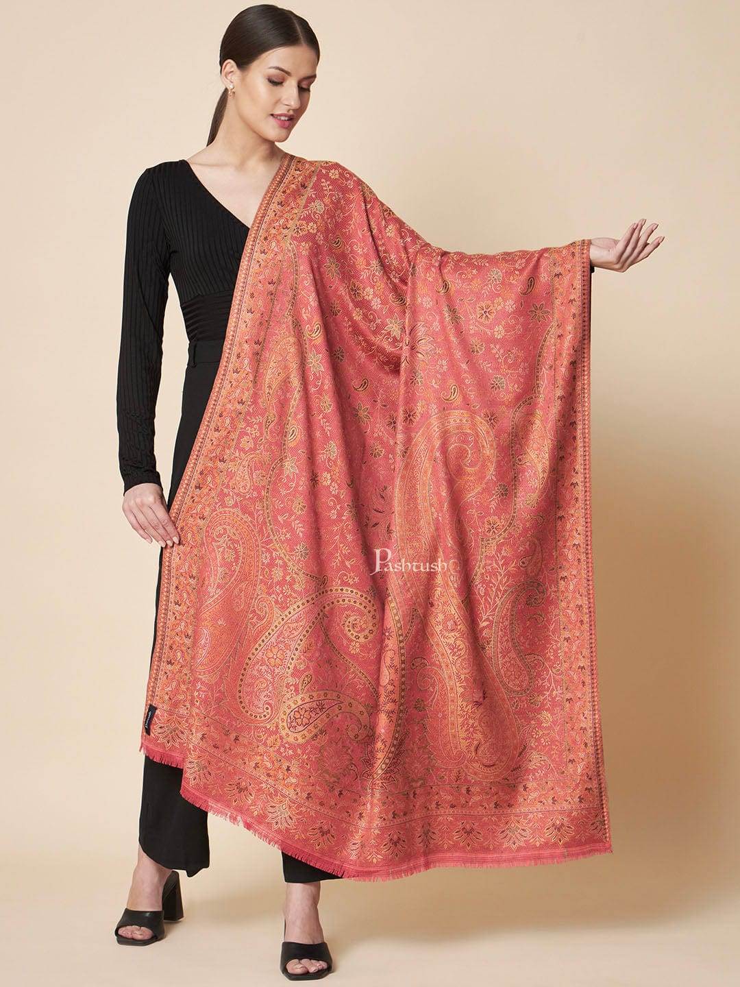 Pashtush Womens Faux Pashmina Shawl, Rich Jamawar Paisely Design, Morning Rose