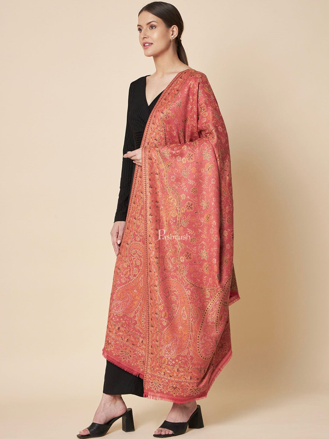 Pashtush Womens Faux Pashmina Shawl, Rich Jamawar Paisely Design, Morning Rose - Image 2