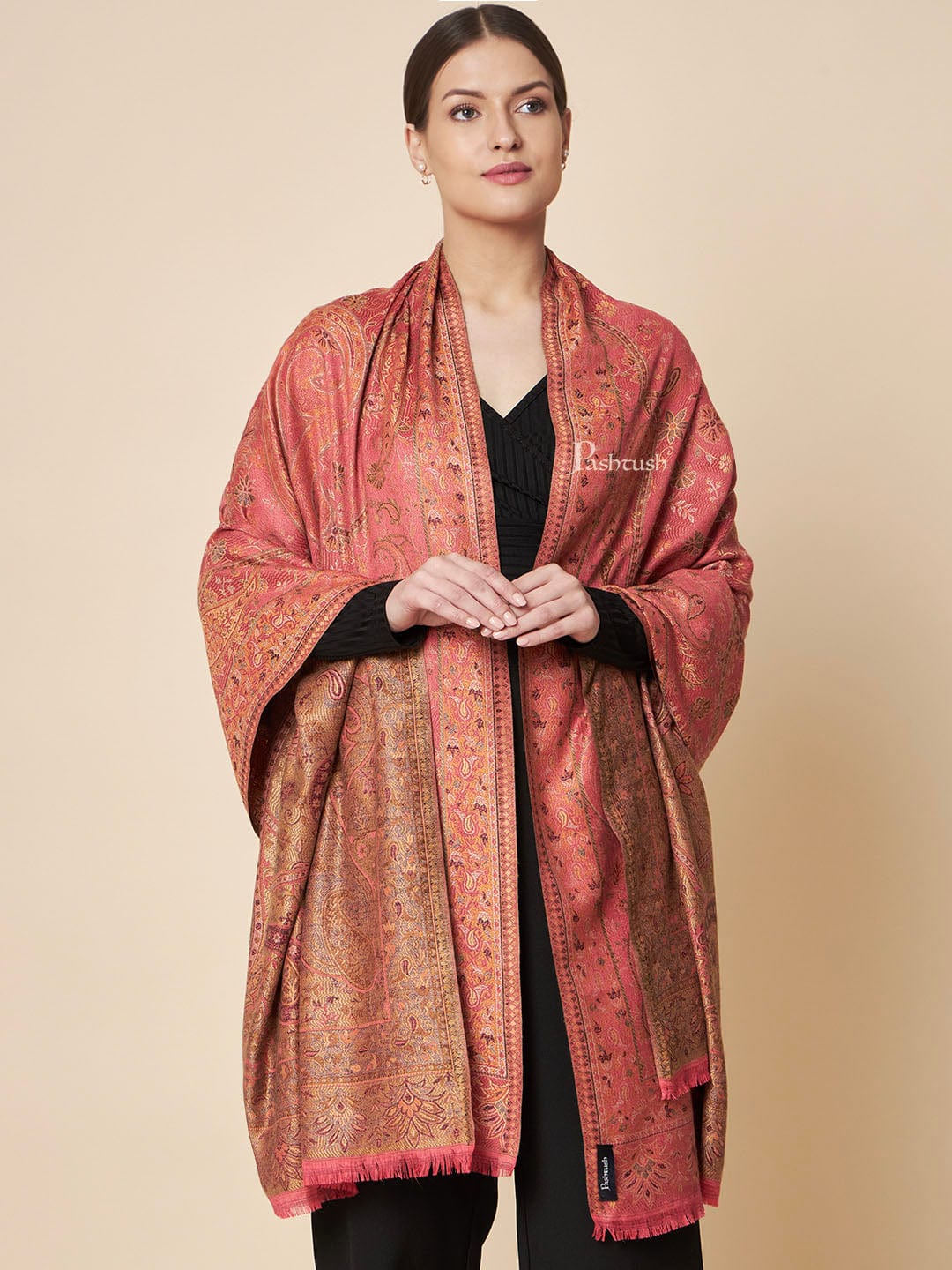 Pashtush Womens Faux Pashmina Shawl, Rich Jamawar Paisely Design, Morning Rose - Image 3