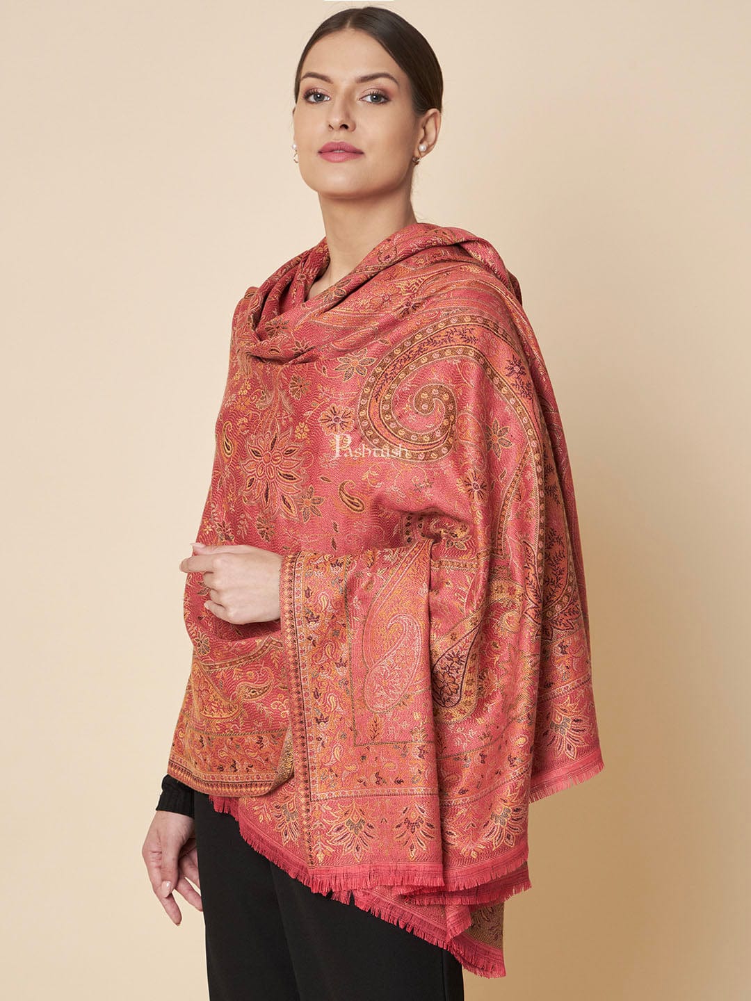 Pashtush Womens Faux Pashmina Shawl, Rich Jamawar Paisely Design, Morning Rose - Image 4